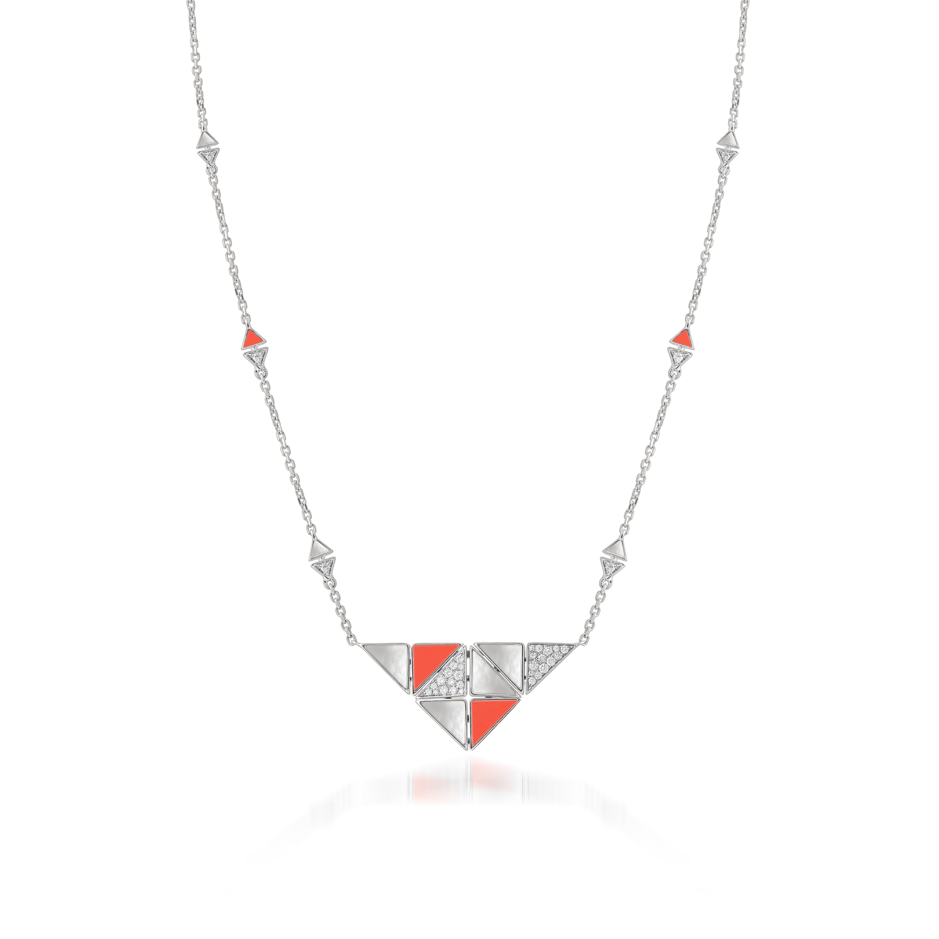 Deco Quadratic Necklace with Orange Coral, White Mother of Pearl and Diamonds  In 18K White Gold