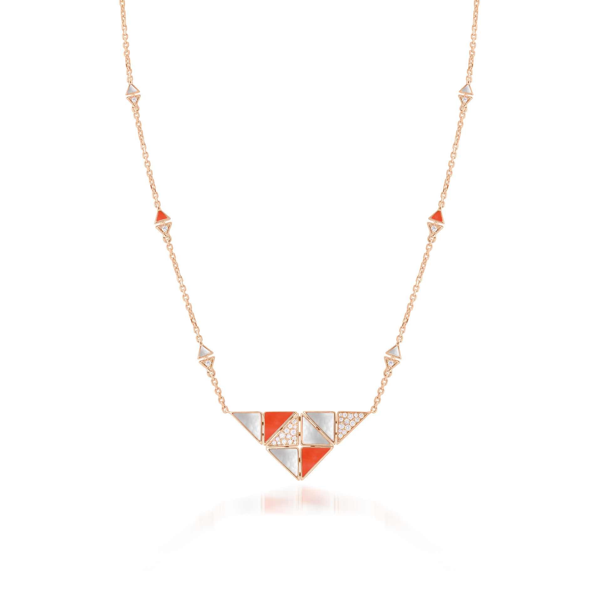 Deco Quadratic Necklace with Orange Coral, White Mother of Pearl and Diamonds  In 18K Rose Gold