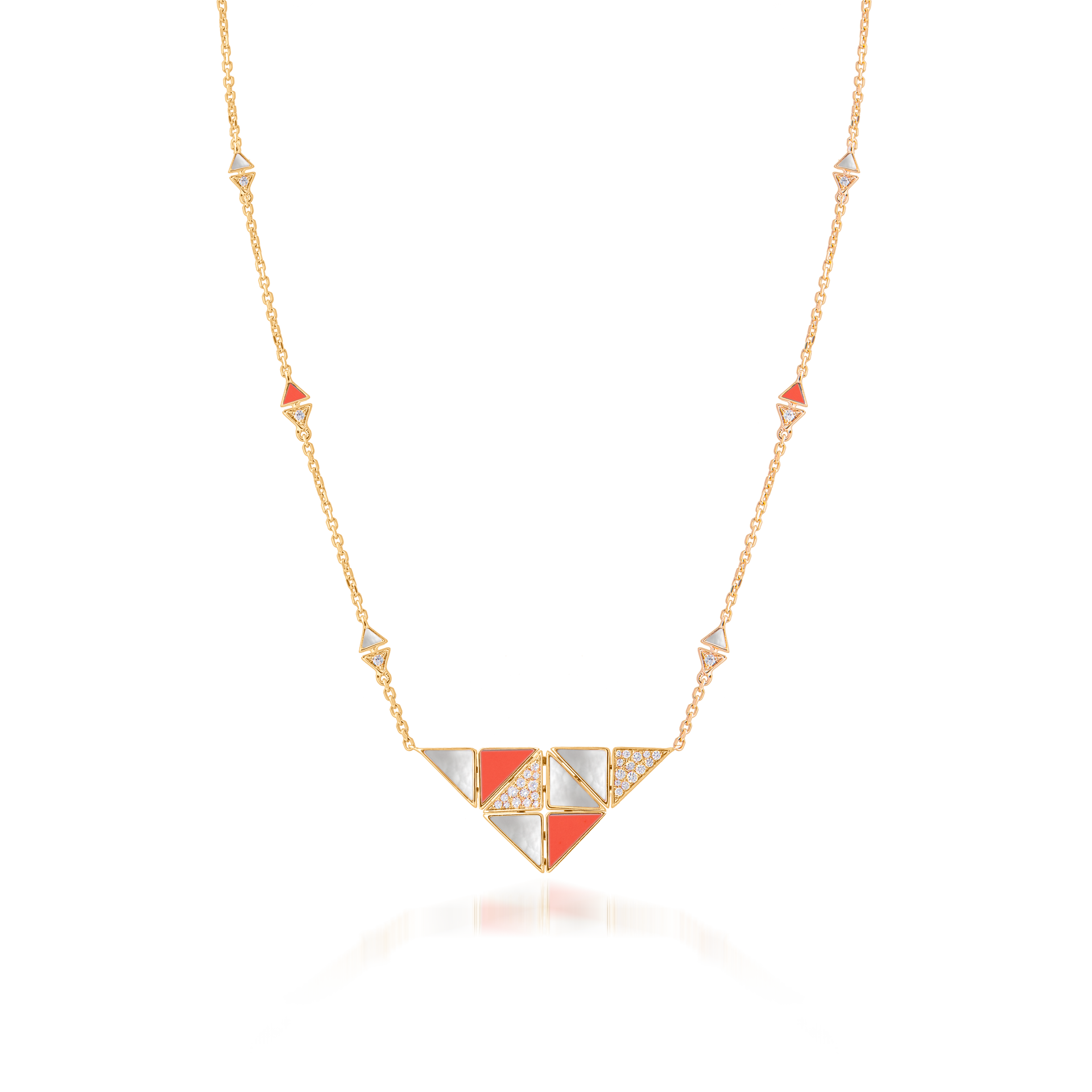 Deco Quadratic Necklace with Orange Coral, White Mother of Pearl and Diamonds  In 18K Yellow Gold