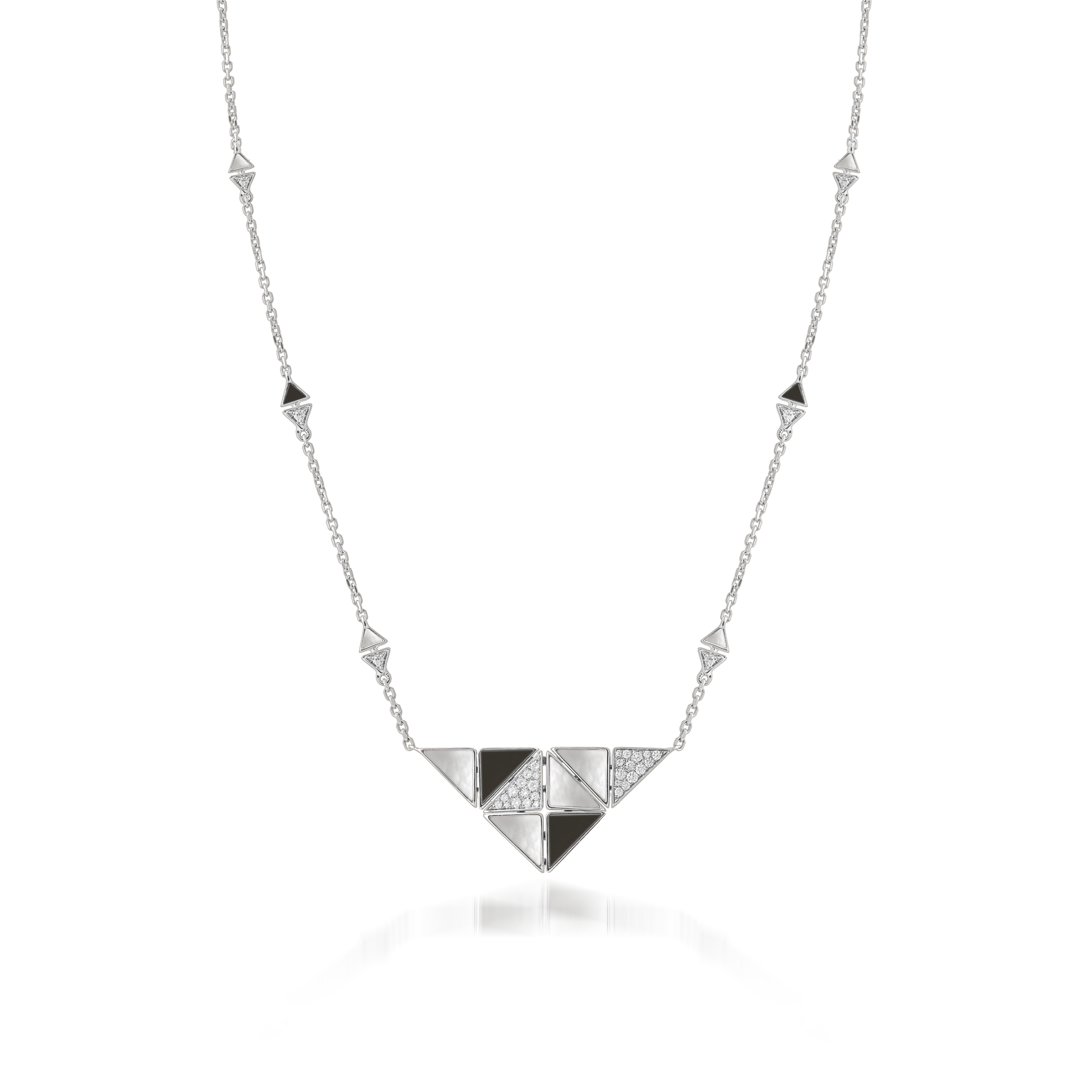 Deco Quadratic Necklace with Black Onyx, White Mother of Pearl and Diamonds  In 18K White Gold