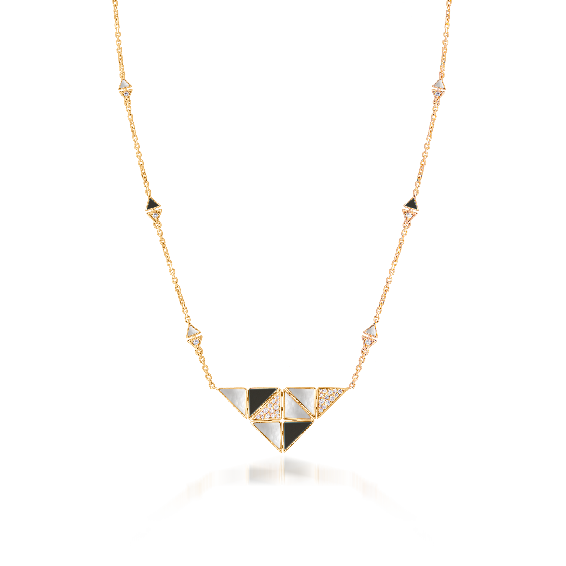 Deco Quadratic Necklace with Black Onyx, White Mother of Pearl and Diamonds  In 18K Yellow Gold