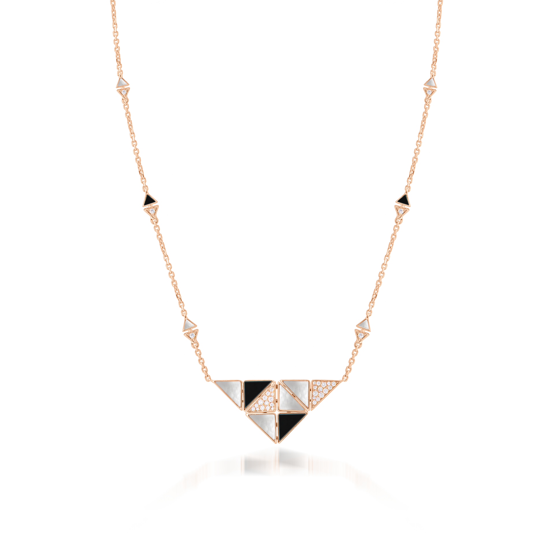 Deco Quadratic Necklace with Black Onyx, White Mother of Pearl and Diamonds  In 18K Rose Gold