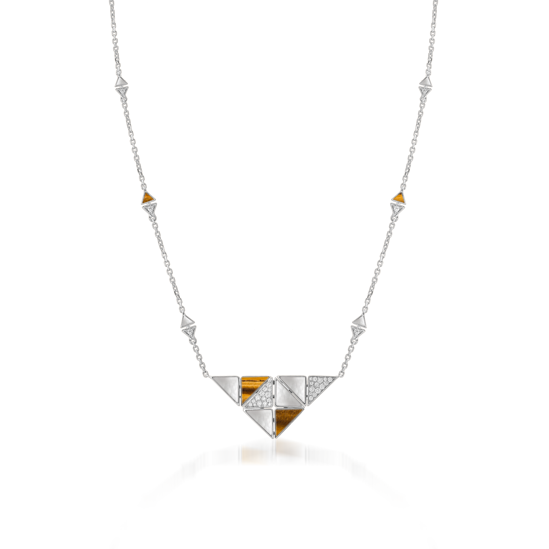 Deco Quadratic Necklace with Tiger Eye, White Mother of Pearl and Diamonds  In 18K White Gold