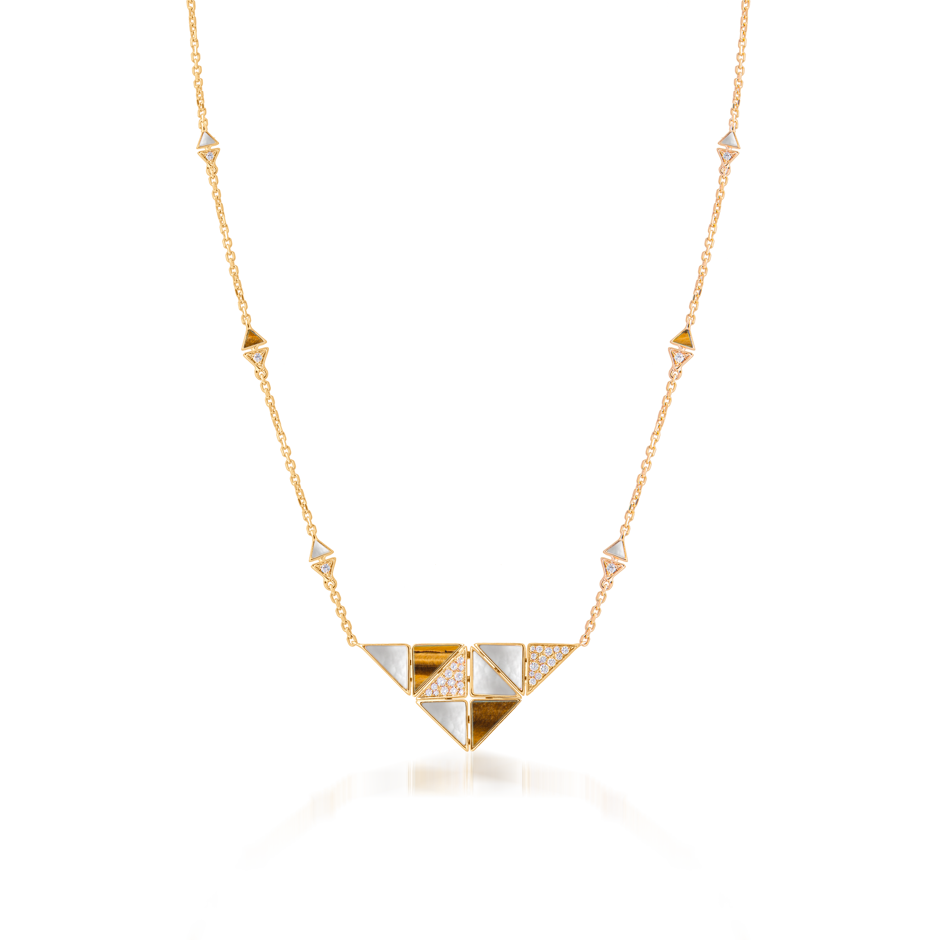 Deco Quadratic Necklace with Tiger Eye, White Mother of Pearl and Diamonds  In 18K Yellow Gold