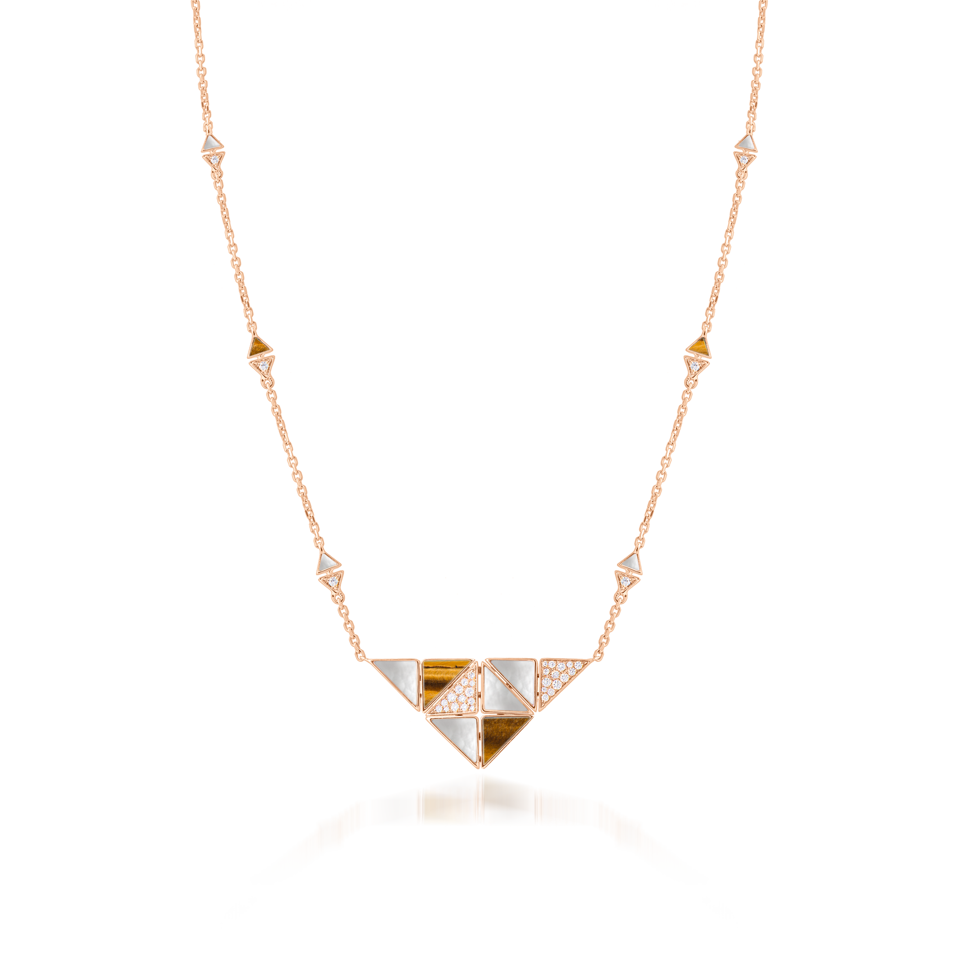 Deco Quadratic Necklace with Tiger Eye, White Mother of Pearl and Diamonds  In 18K Rose Gold