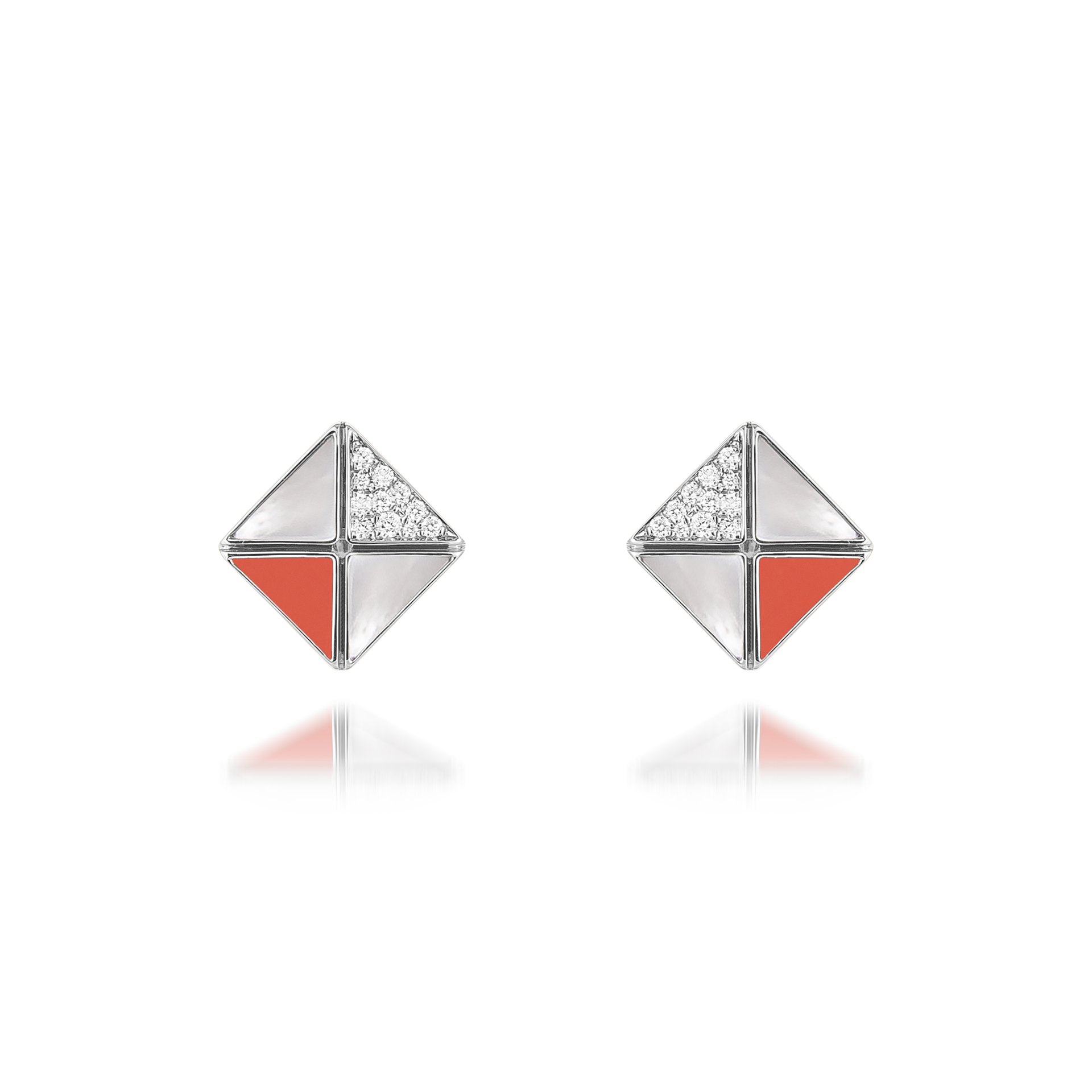 Deco Quadratic Studs with Orange Coral, White Mother of Pearl and Diamonds  In 18K White Gold