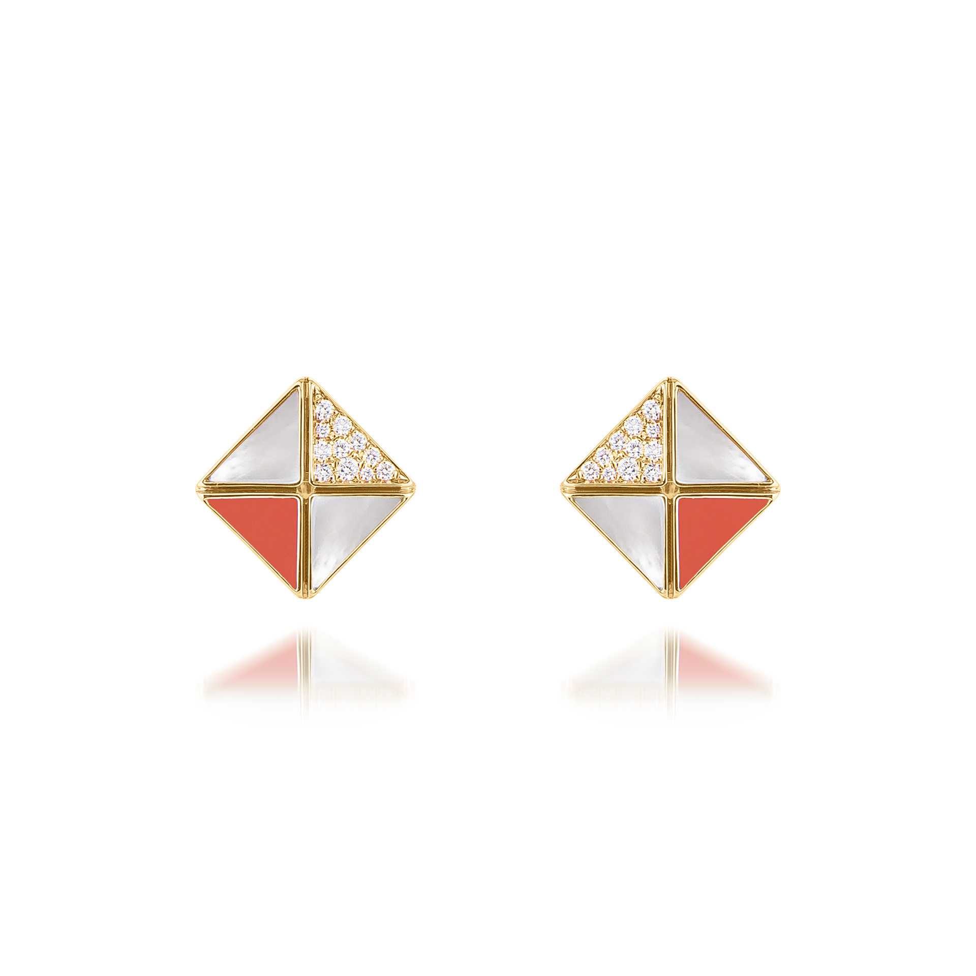 Deco Quadratic Studs with Orange Coral, White Mother of Pearl and Diamonds  In 18K Yellow Gold
