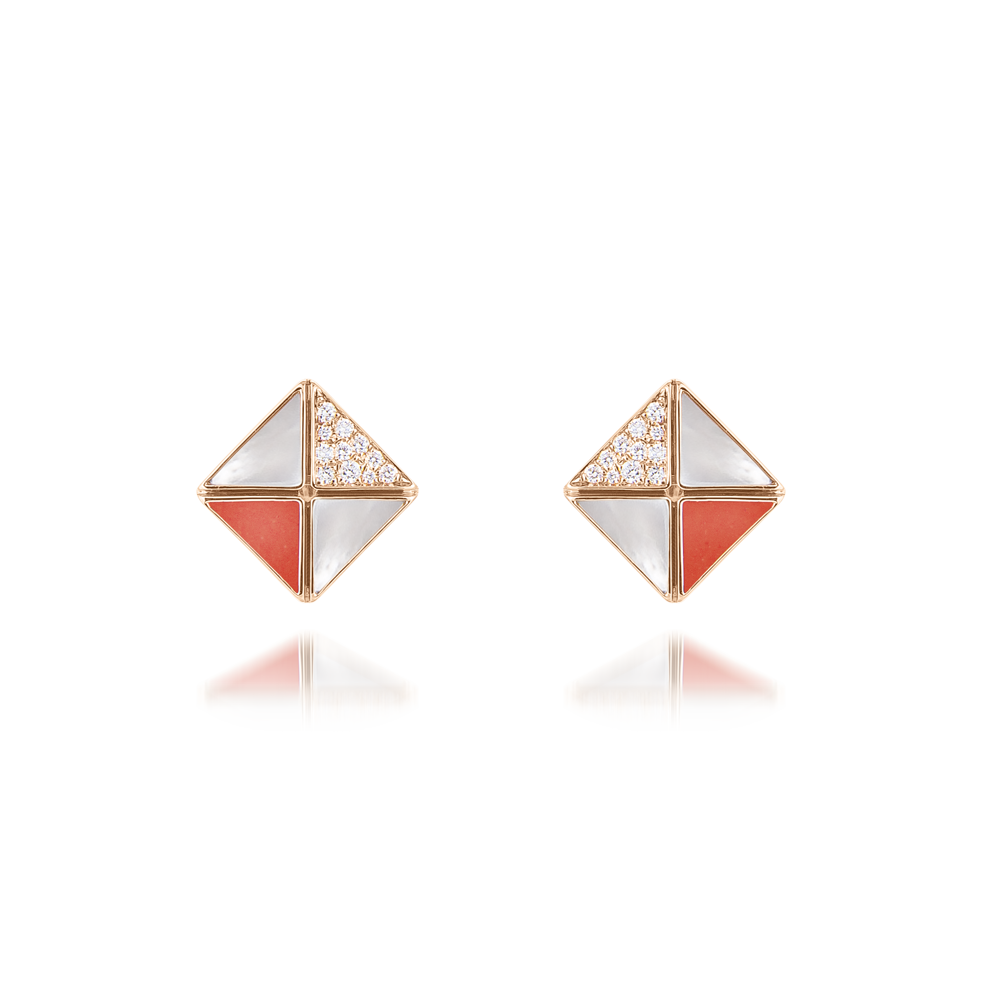 Deco Quadratic Studs with Orange Coral, White Mother of Pearl and Diamonds  In 18K Rose Gold