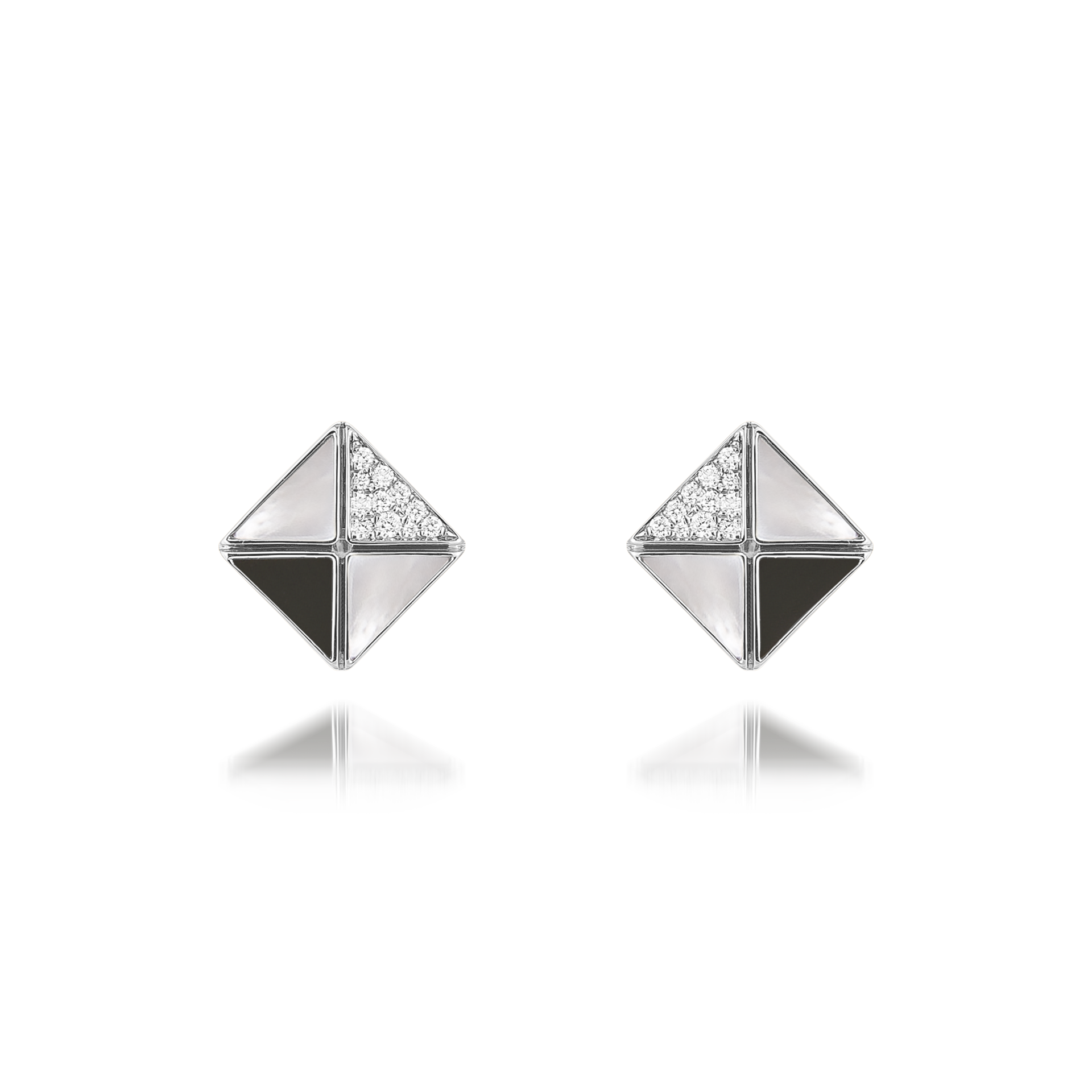 Deco Quadratic Studs with Black Onyx, White Mother of Pearl and Diamonds  In 18K White Gold