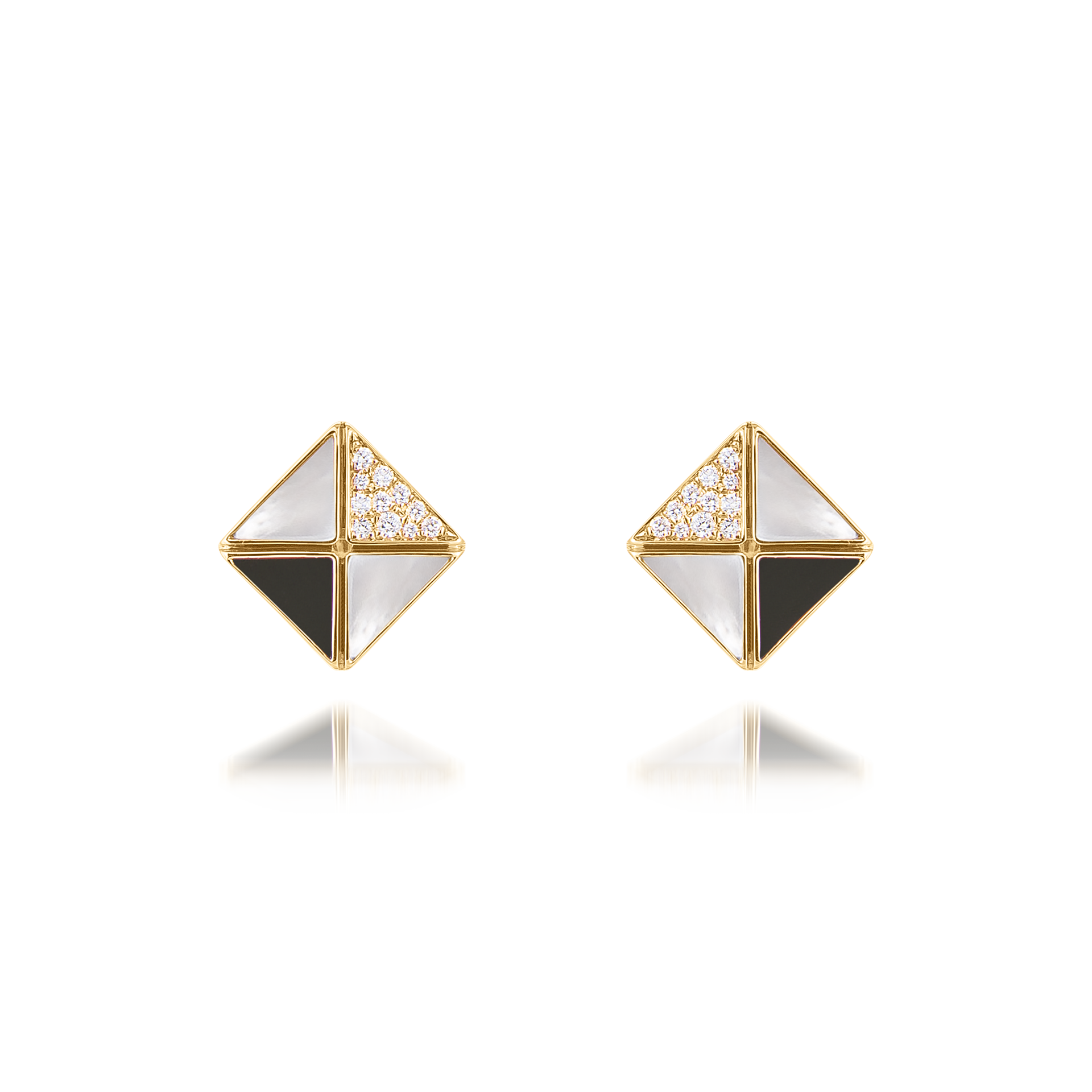 Deco Quadratic Studs with Black Onyx, White Mother of Pearl and Diamonds  In 18K Yellow Gold