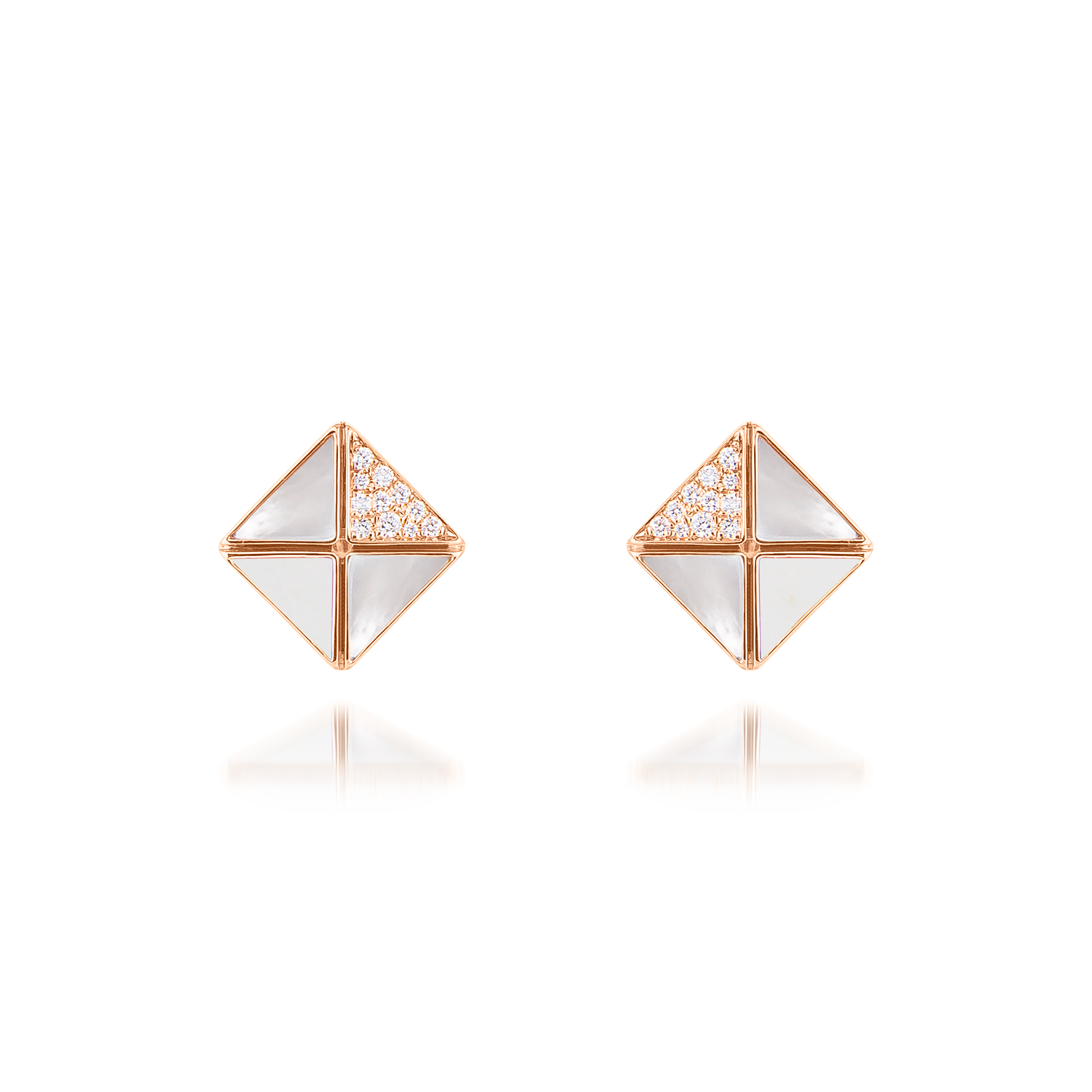 Deco Quadratic Studs with White Agate, White Mother of Pearl and Diamonds  In 18K Rose Gold