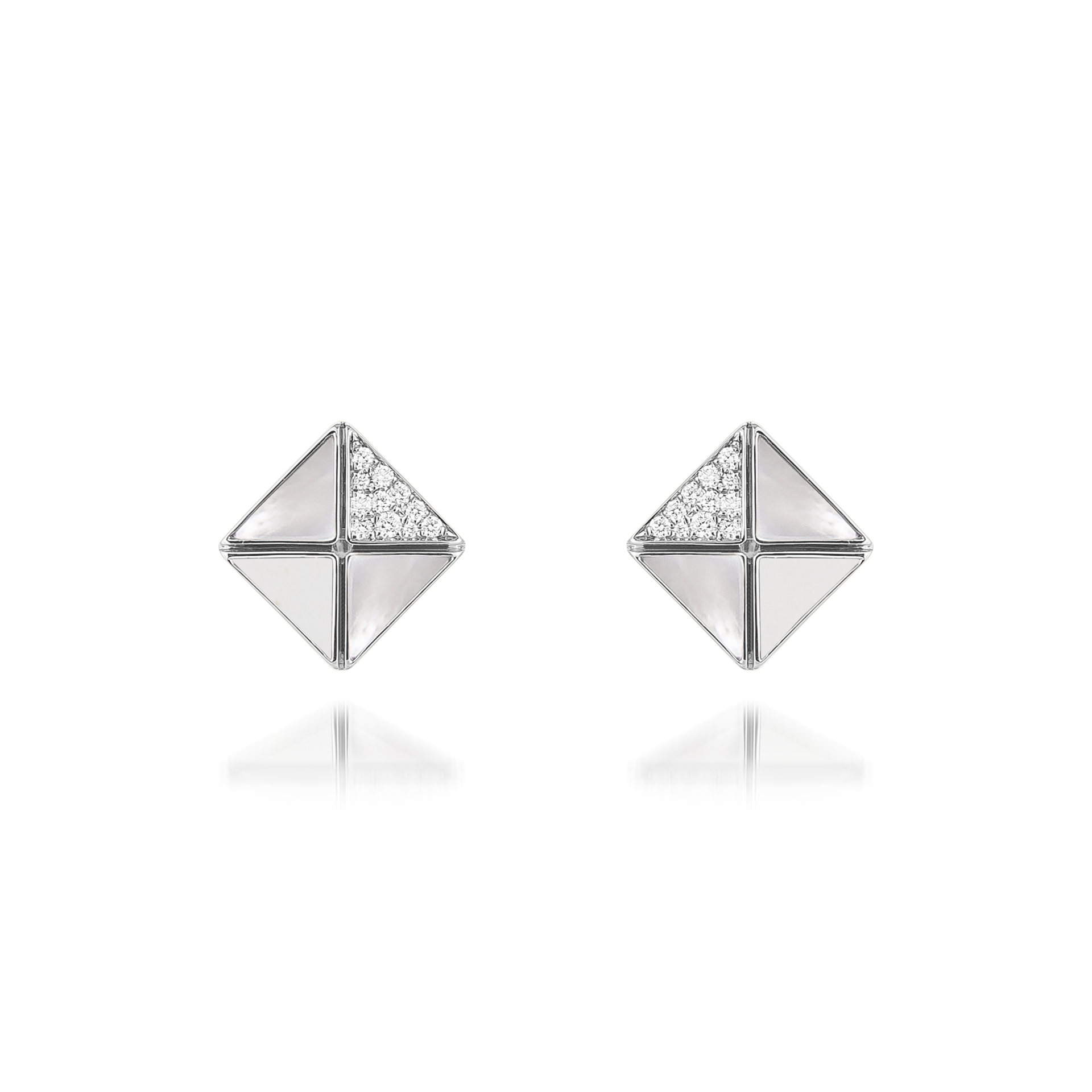 Deco Quadratic Studs with White Agate, White Mother of Pearl and Diamonds  In 18K White Gold
