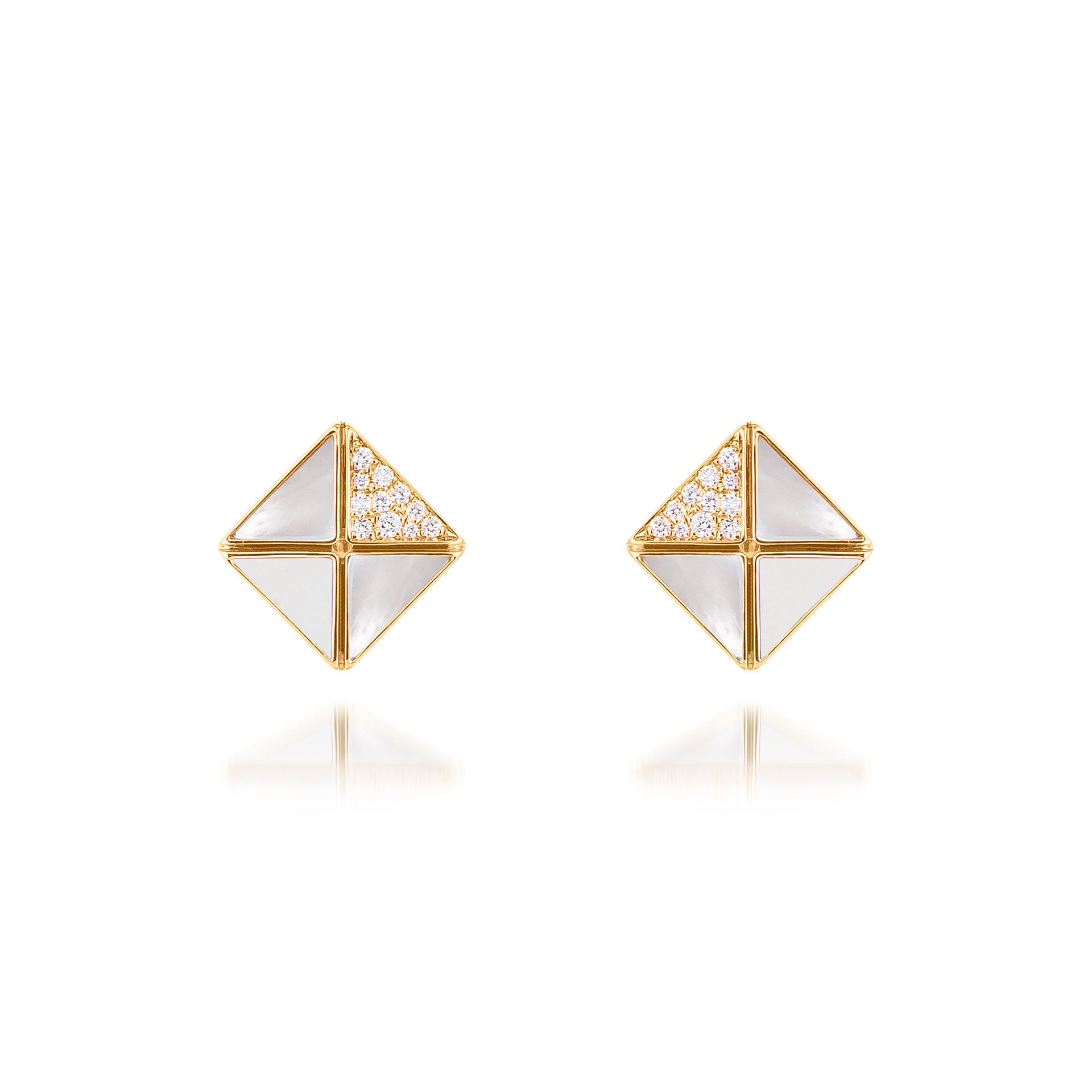Deco Quadratic Studs with White Agate, White Mother of Pearl and Diamonds  In 18K Yellow Gold