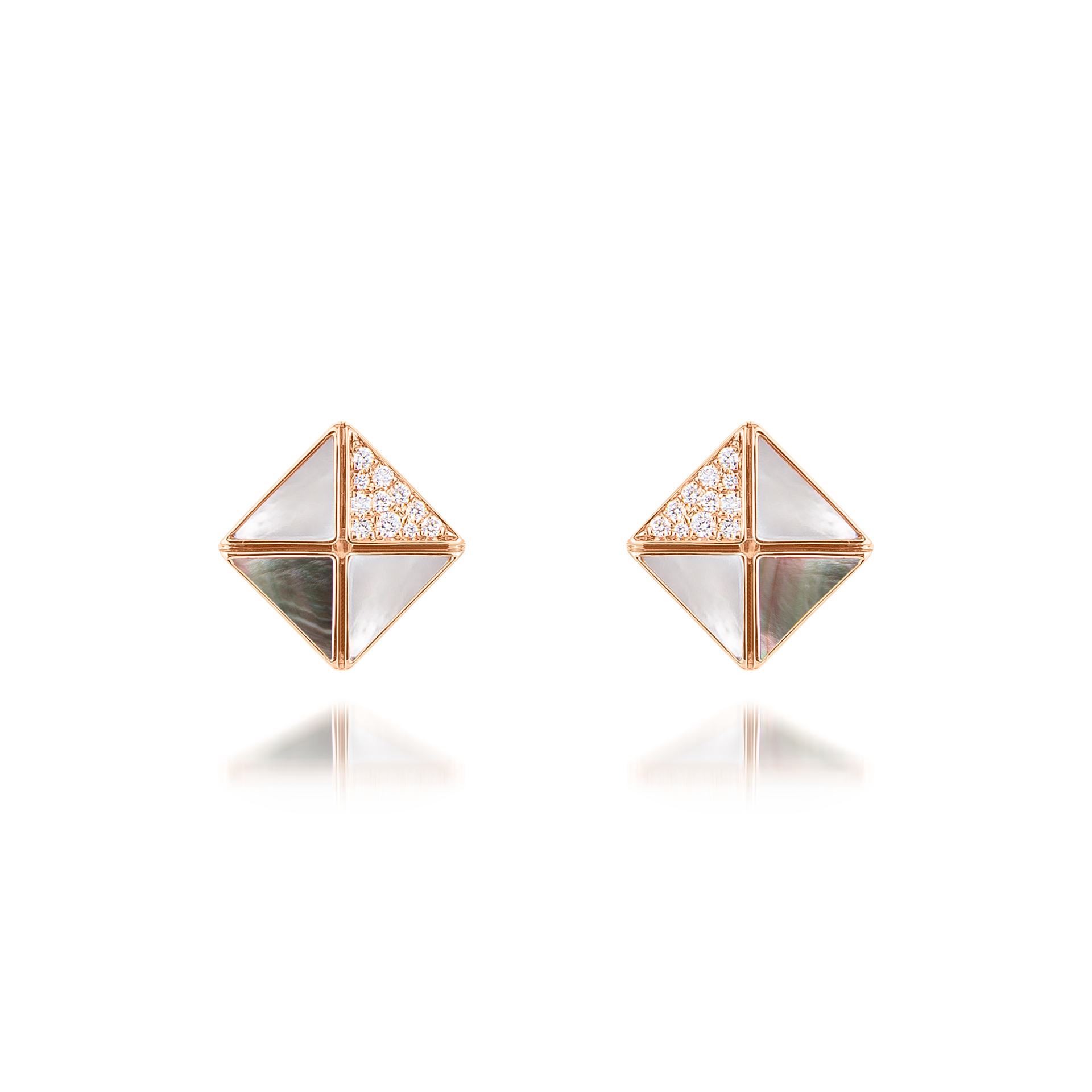 Deco Quadratic Studs with Grey Mother of Pearl, White Mother of Pearl and Diamonds  In 18K Rose Gold