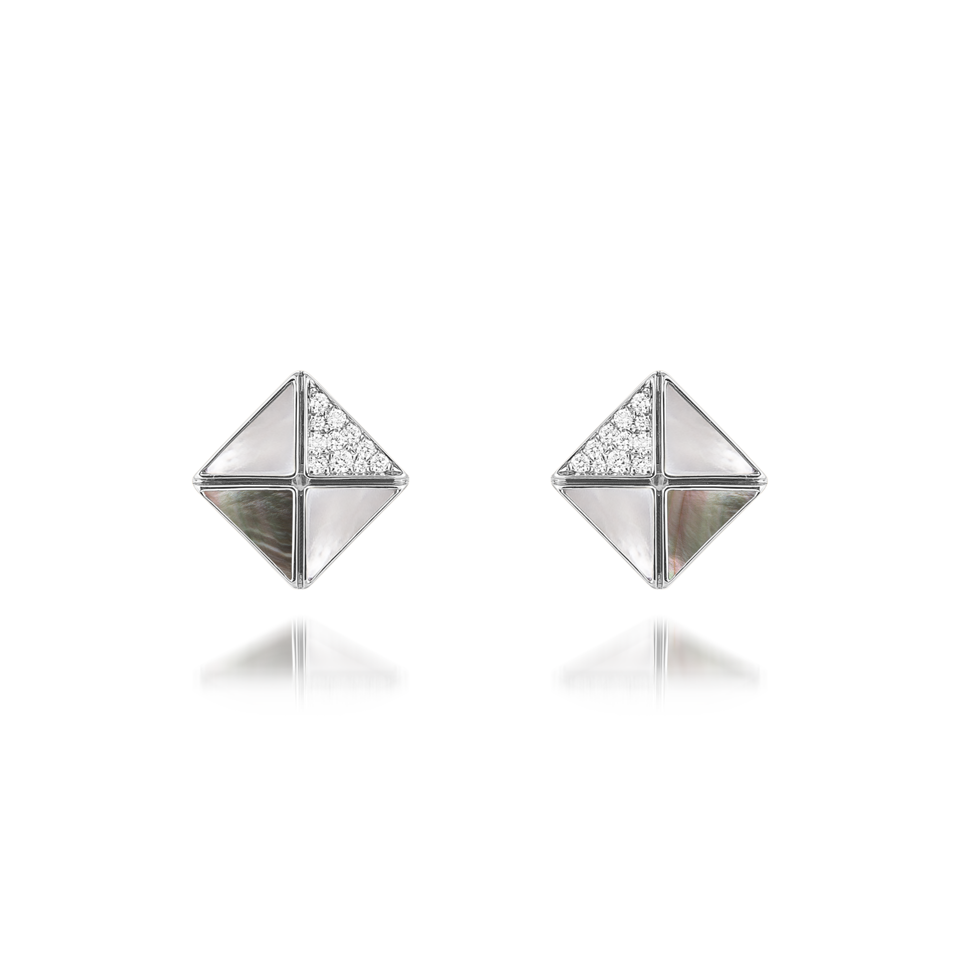Deco Quadratic Studs with Grey Mother of Pearl, White Mother of Pearl and Diamonds  In 18K White Gold