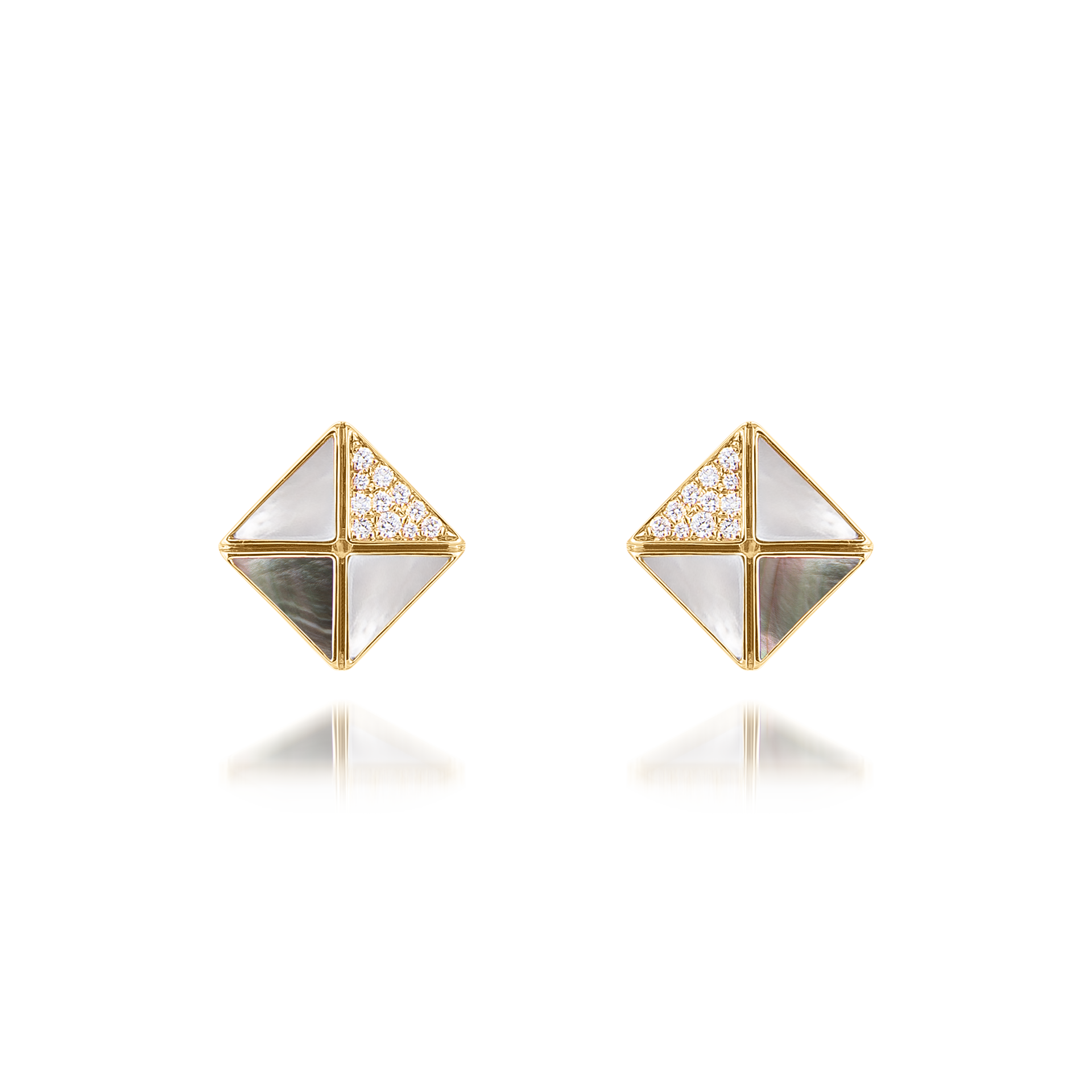 Deco Quadratic Studs with Grey Mother of Pearl, White Mother of Pearl and Diamonds  In 18K Yellow Gold