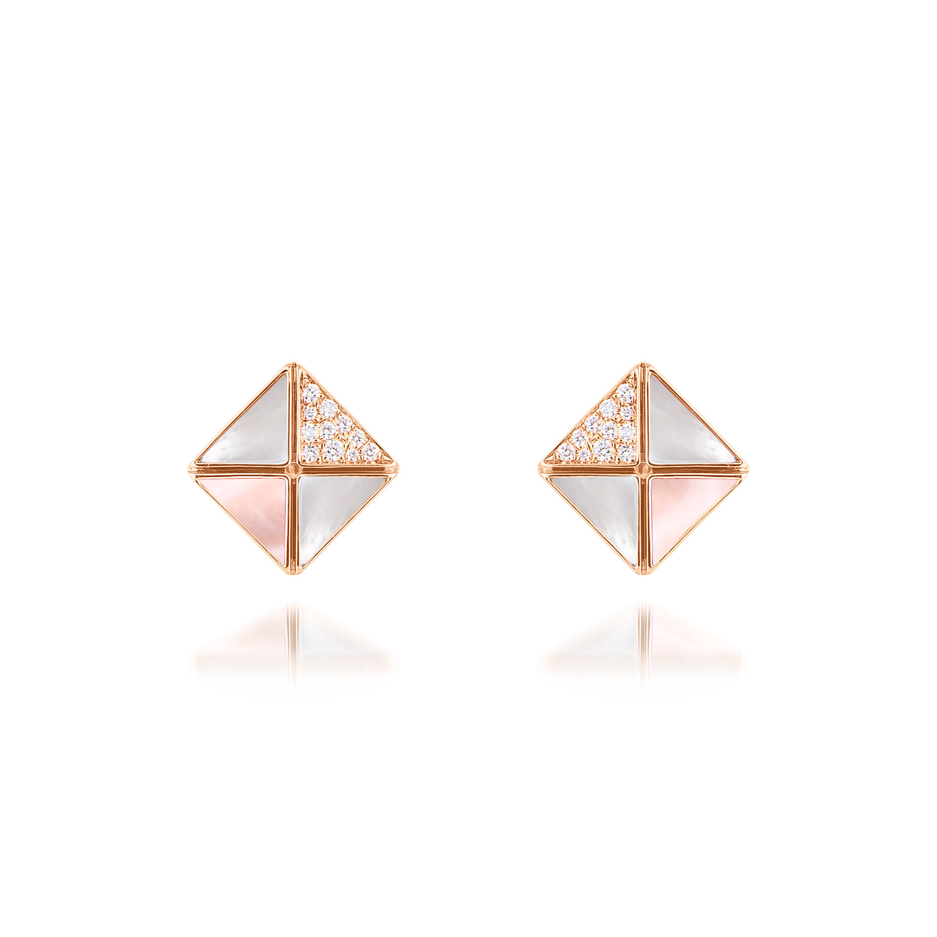 Deco Quadratic Studs with Pink Mother of Pearl, White Mother of Pearl and Diamonds  In 18K Rose Gold