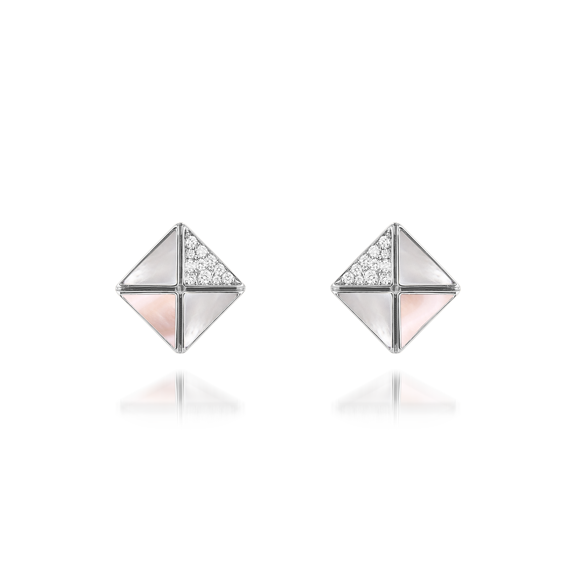 Deco Quadratic Studs with Pink Mother of Pearl, White Mother of Pearl and Diamonds  In 18K White Gold