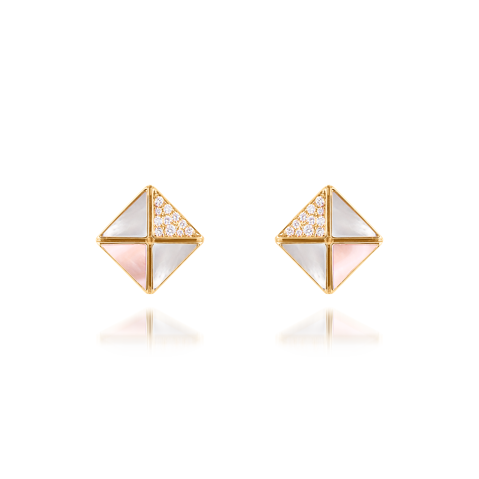 Deco Quadratic Studs with Pink Mother of Pearl, White Mother of Pearl and Diamonds  In 18K Yellow Gold