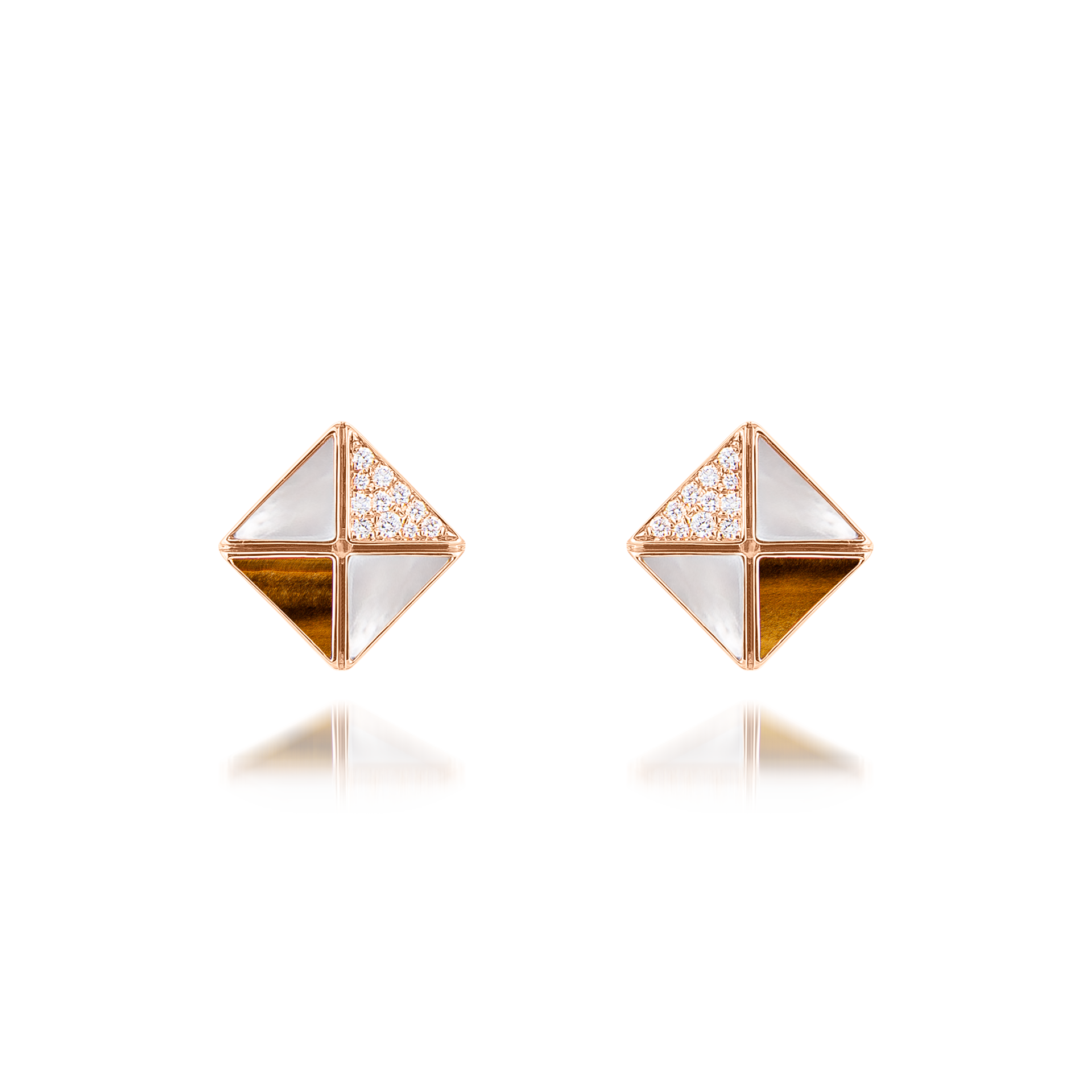 Deco Quadratic Studs with Tiger Eye, White Mother of Pearl and Diamonds  In 18K Rose Gold