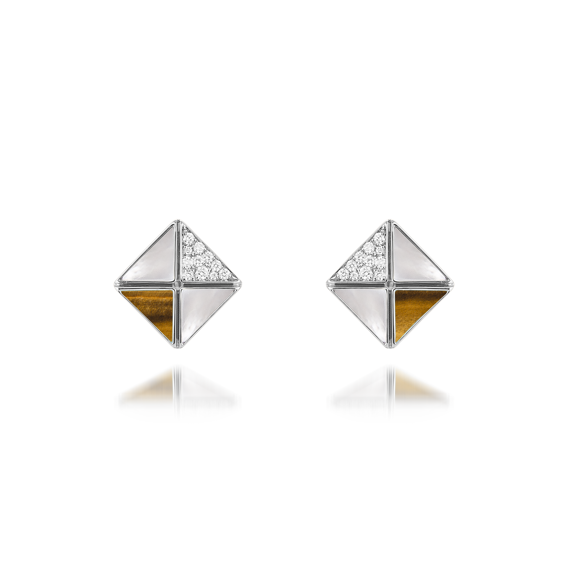 Deco Quadratic Studs with Tiger Eye, White Mother of Pearl and Diamonds In 18K White Gold