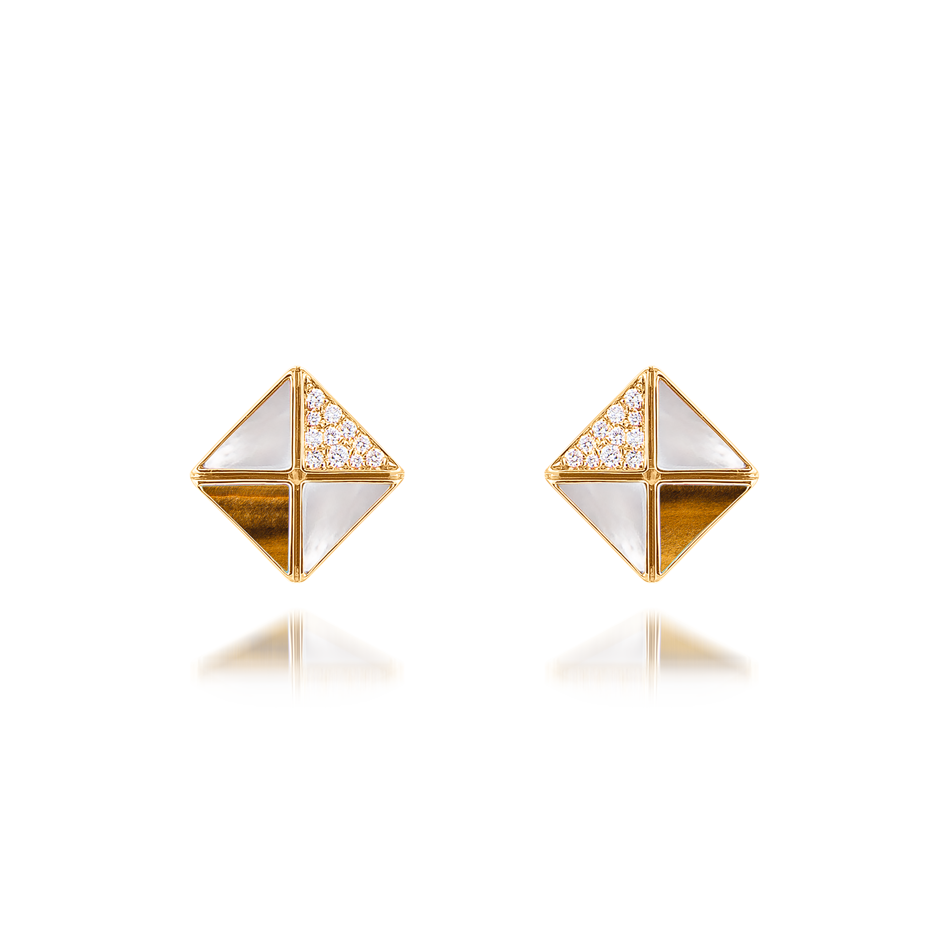 Deco Quadratic Studs with Tiger Eye, White Mother of Pearl and Diamonds In 18K Yellow Gold