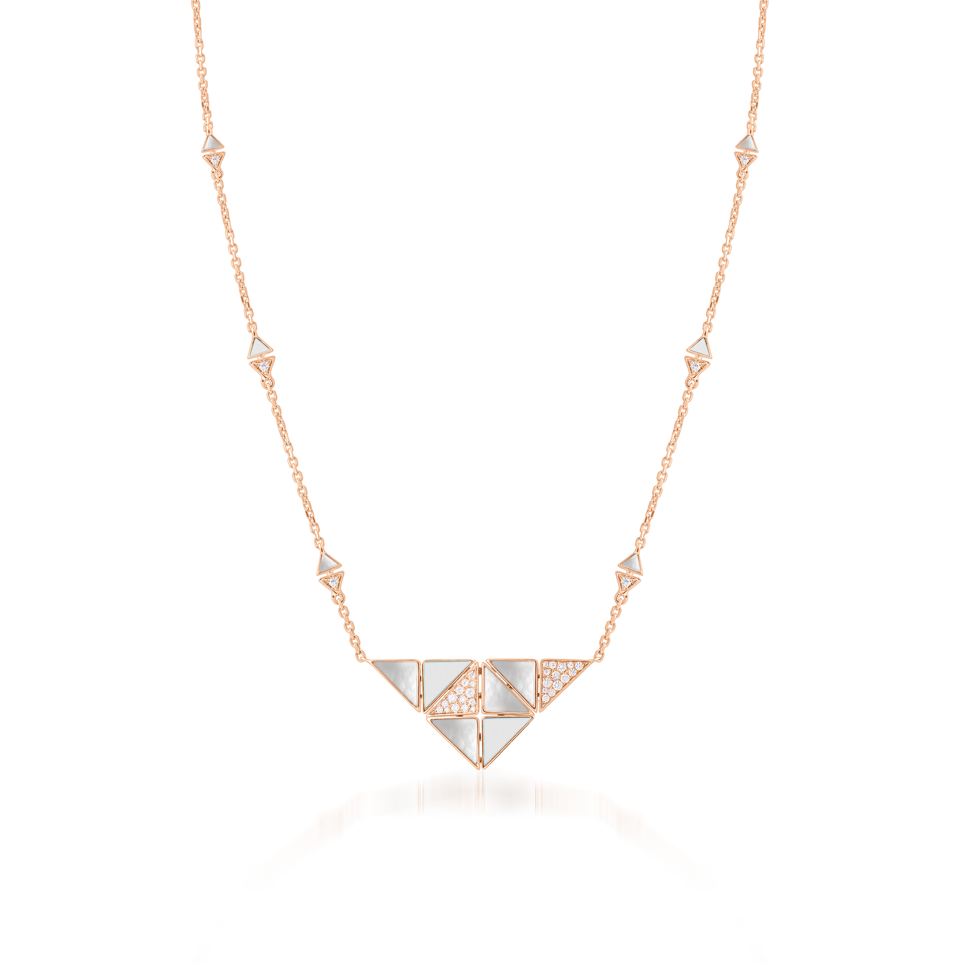 Deco Quadratic Necklace with White Agate, White Mother of Pearl and Diamonds  In 18K Rose Gold