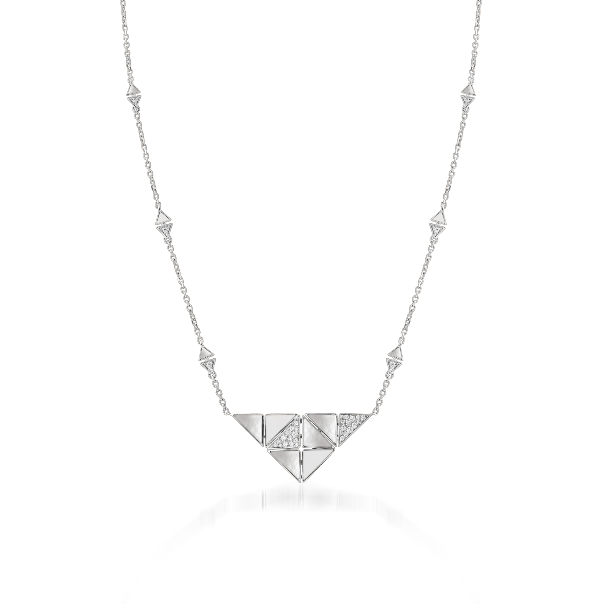 Deco Quadratic Necklace with White Agate, White Mother of Pearl and Diamonds  In 18K White Gold