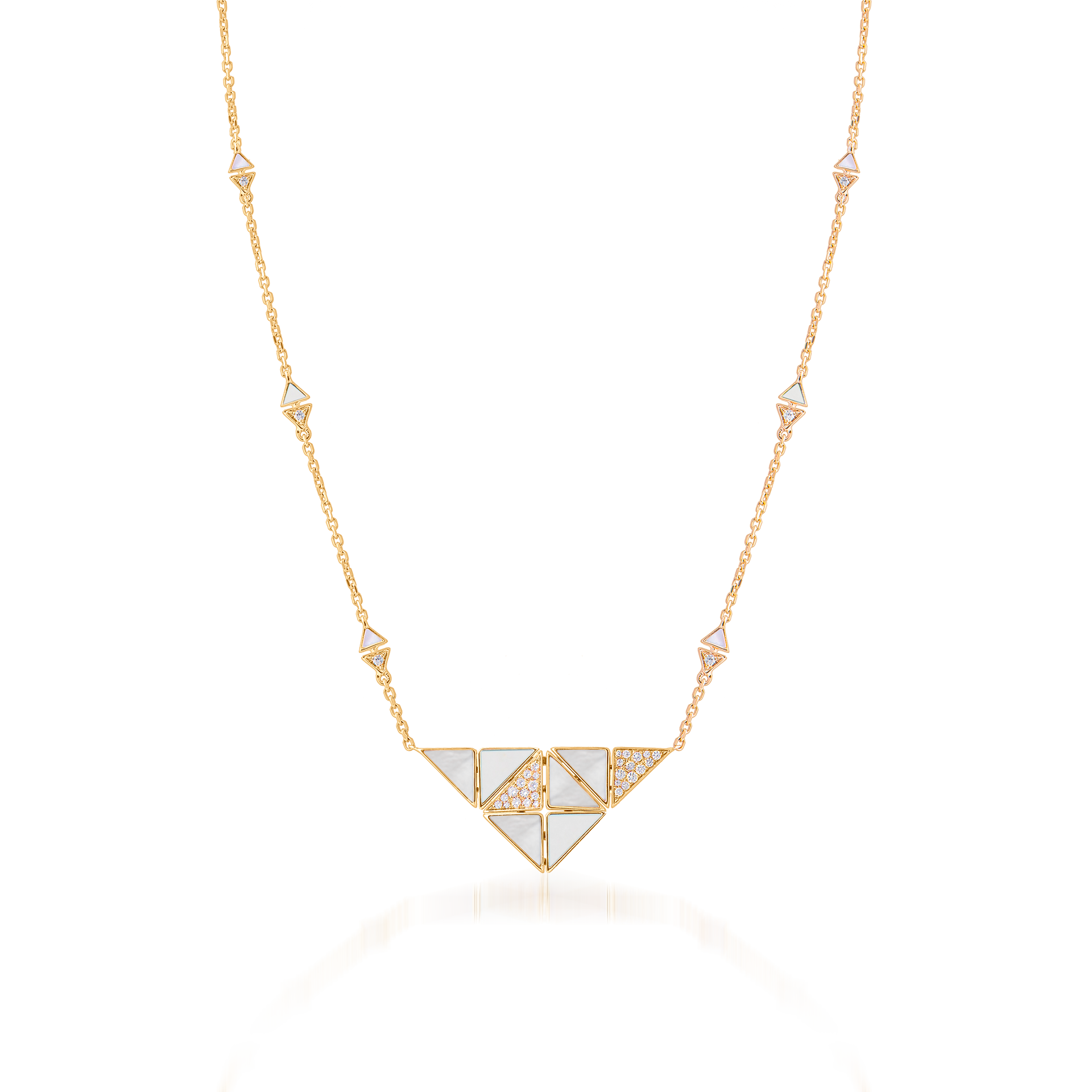 Deco Quadratic Necklace with White Agate, White Mother of Pearl and Diamonds  In 18K Yellow Gold