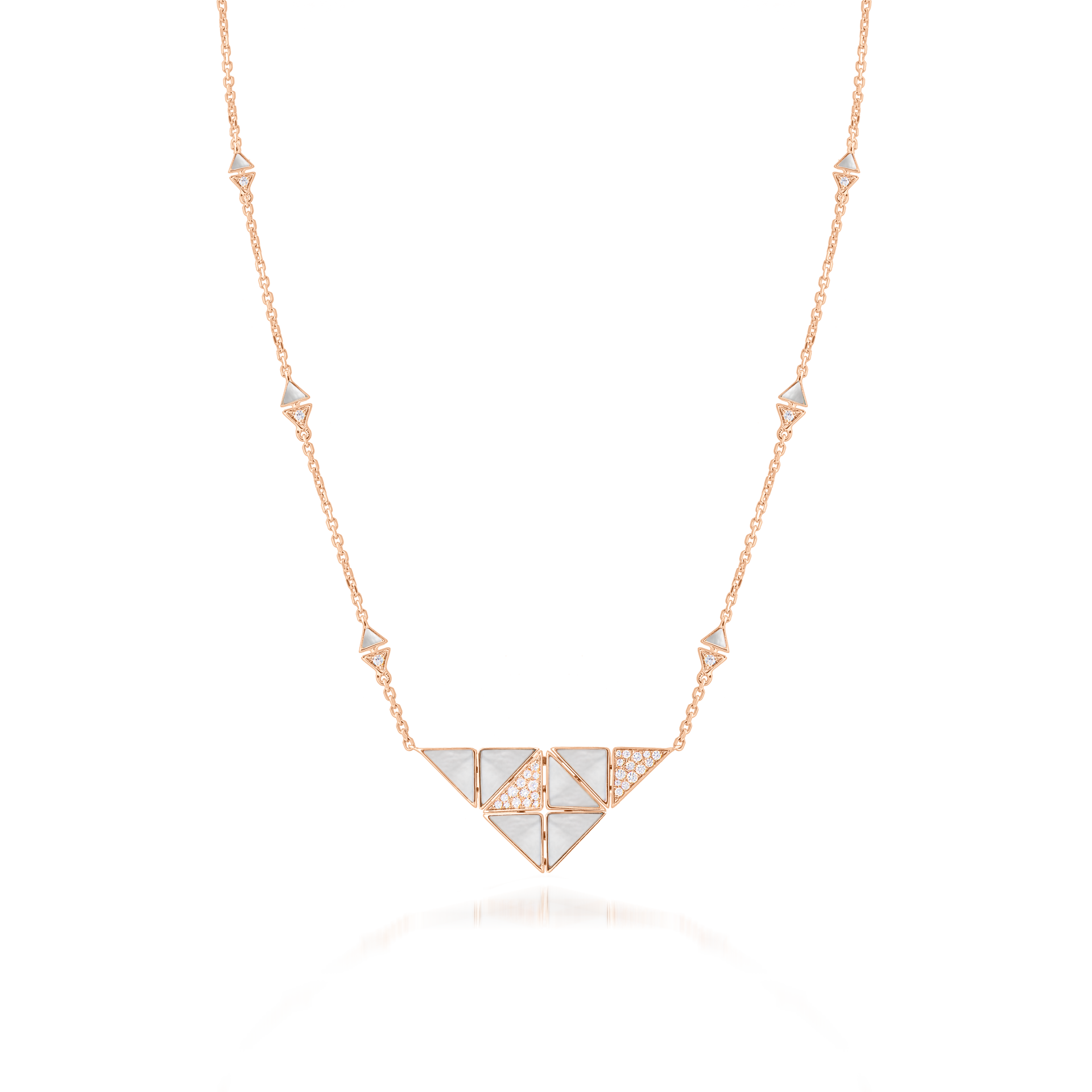 Deco Quadratic Necklace with White Mother of Pearl and Diamonds  In 18K Rose Gold