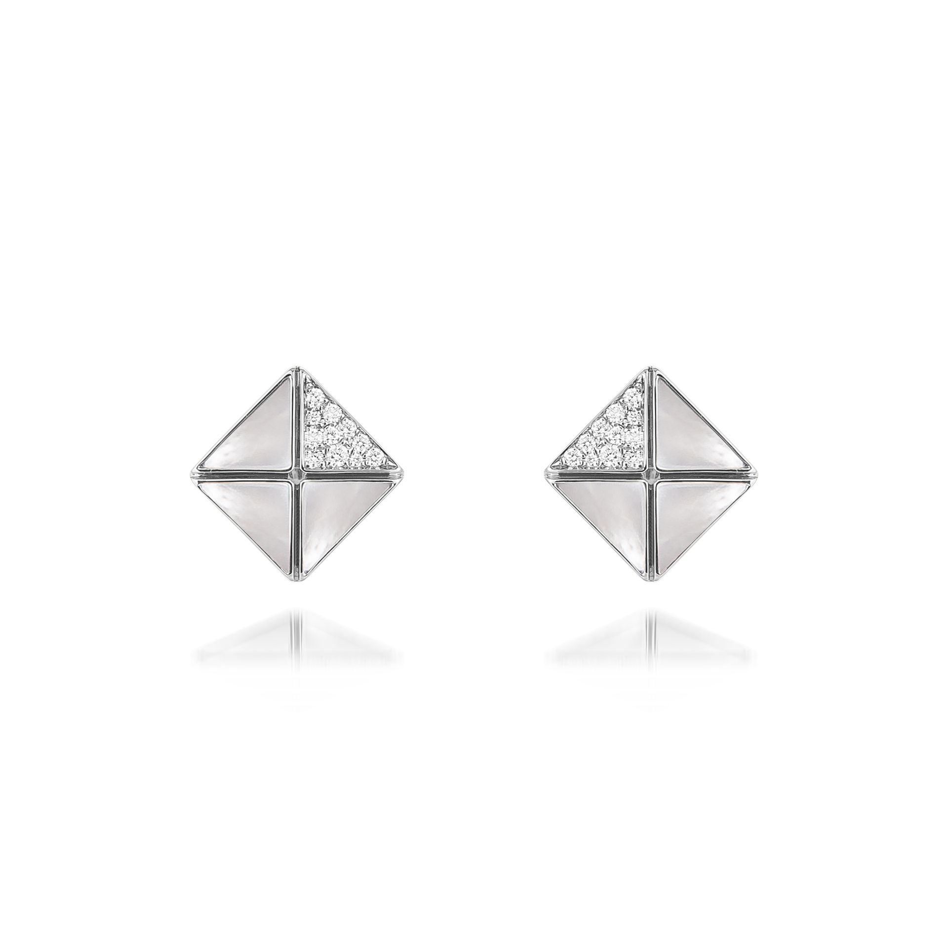 Deco Quadratic Studs with White Mother of Pearl and Diamonds  In 18K White Gold