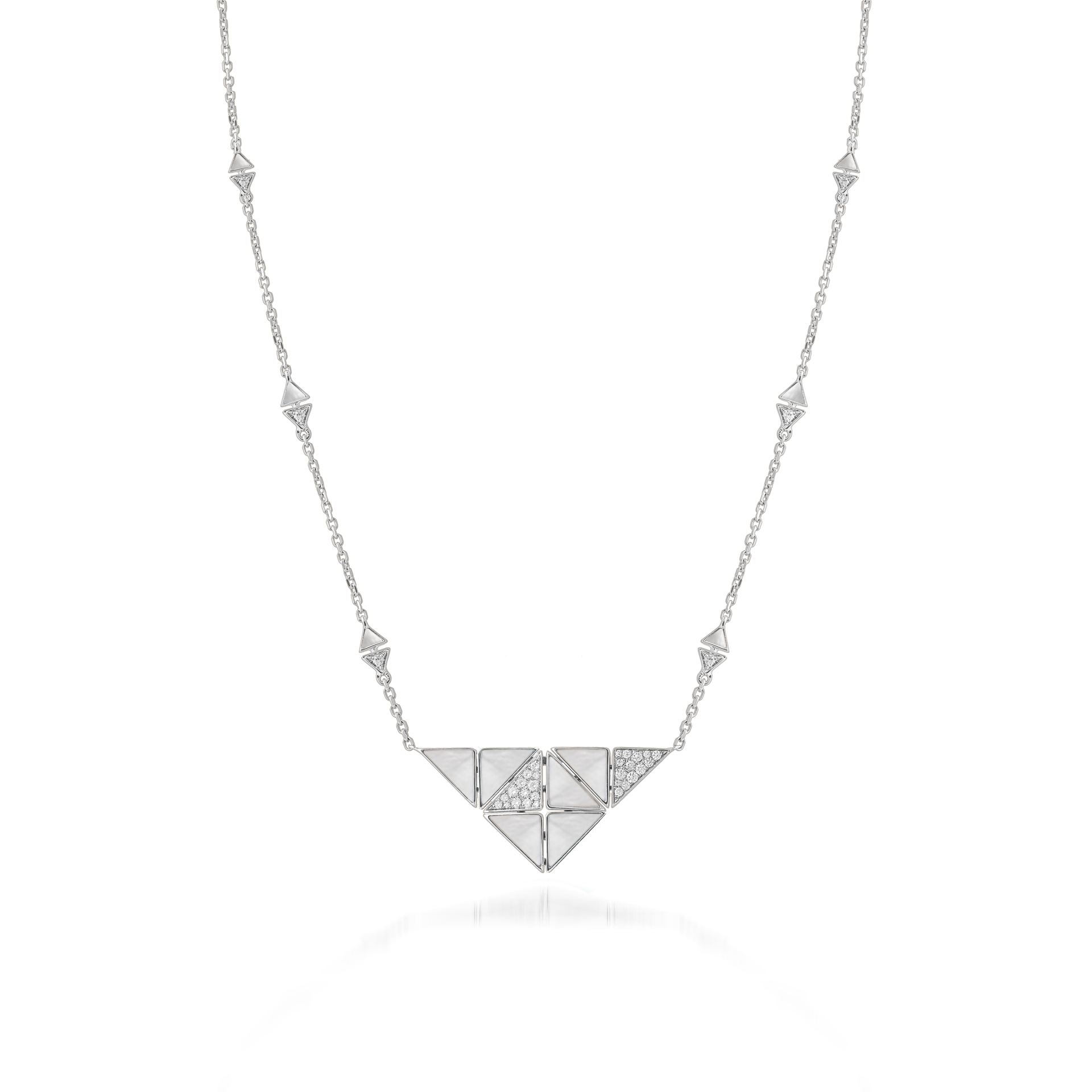 Deco Quadratic Necklace with White Mother of Pearl and Diamonds  In 18K White Gold