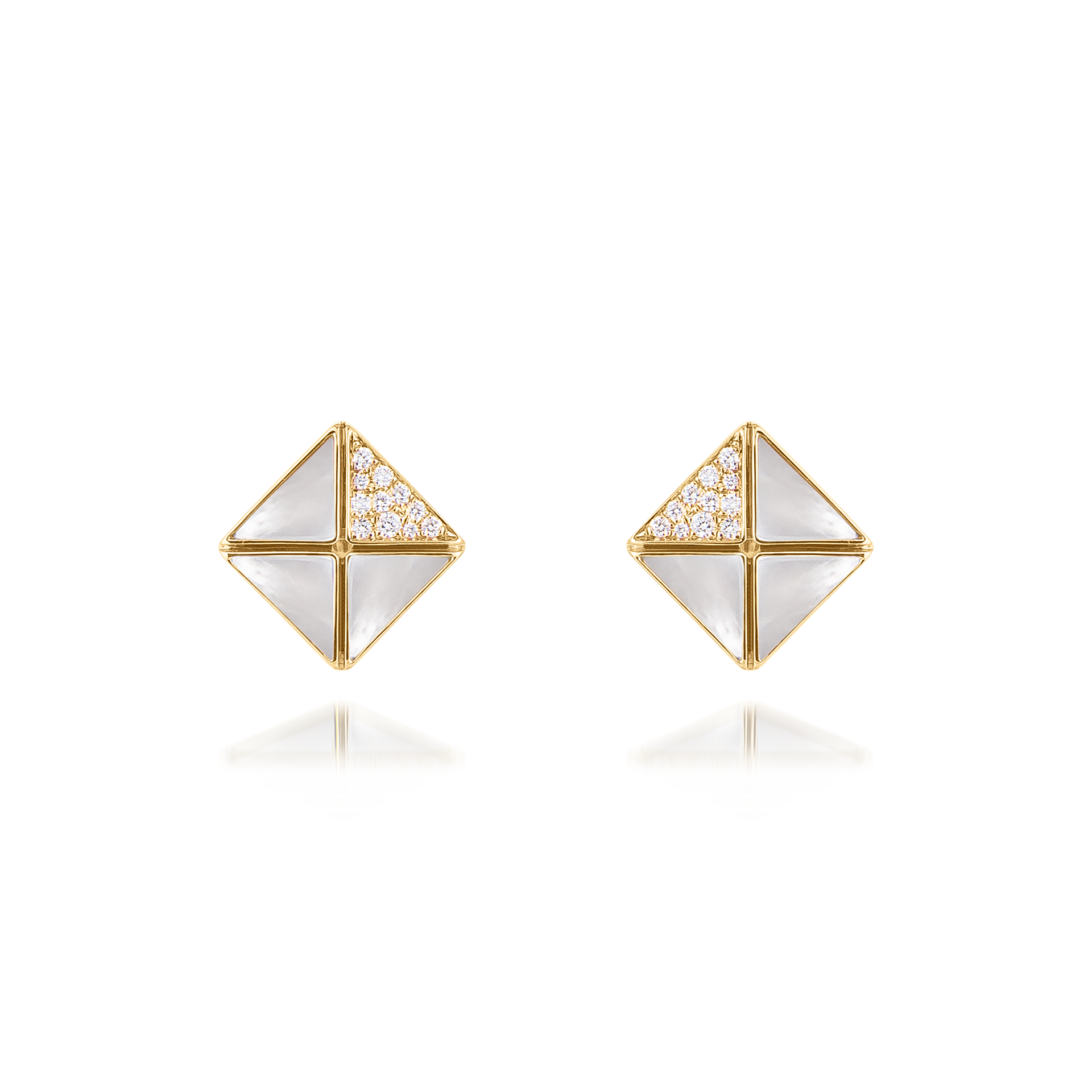 Deco Quadratic Studs with White Mother of Pearl and Diamonds  In 18K Yellow Gold