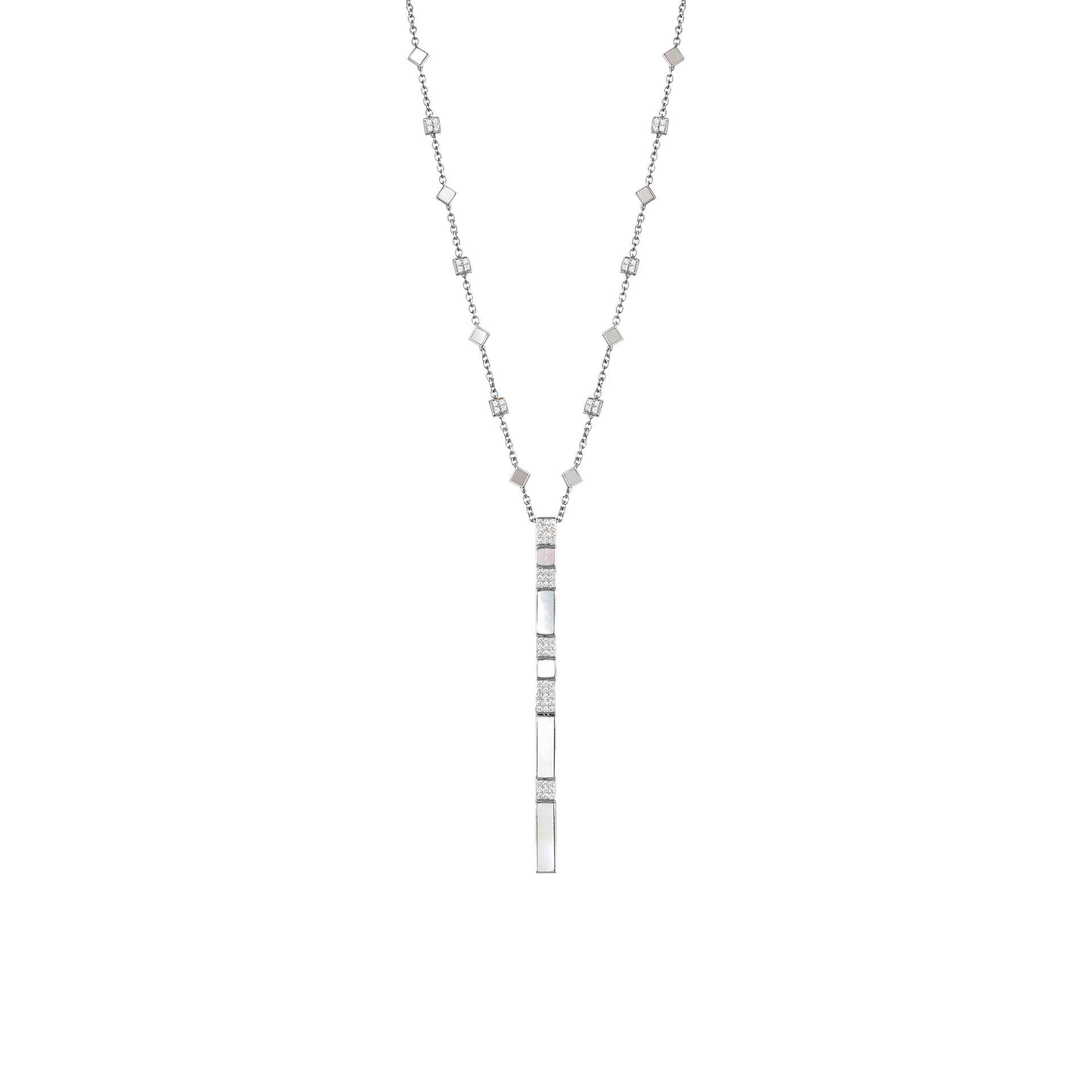Nova White Mother of Pearl and Diamond Cascade Long Chain Pendant In 18K White Gold