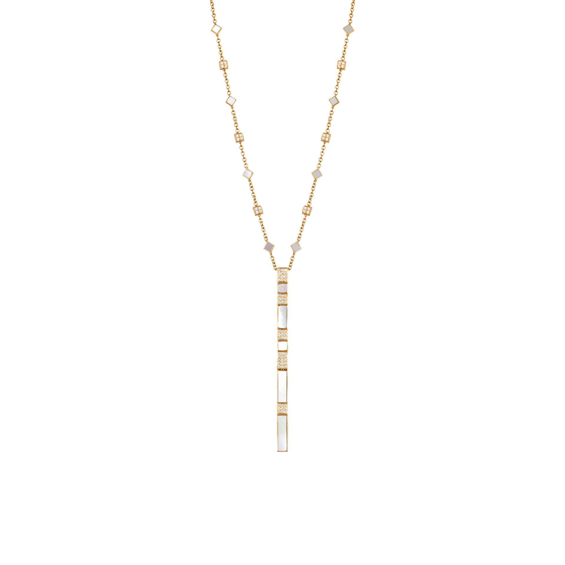 Nova White Mother of Pearl and Diamond Cascade Long Chain Pendant In 18K Yellow Gold