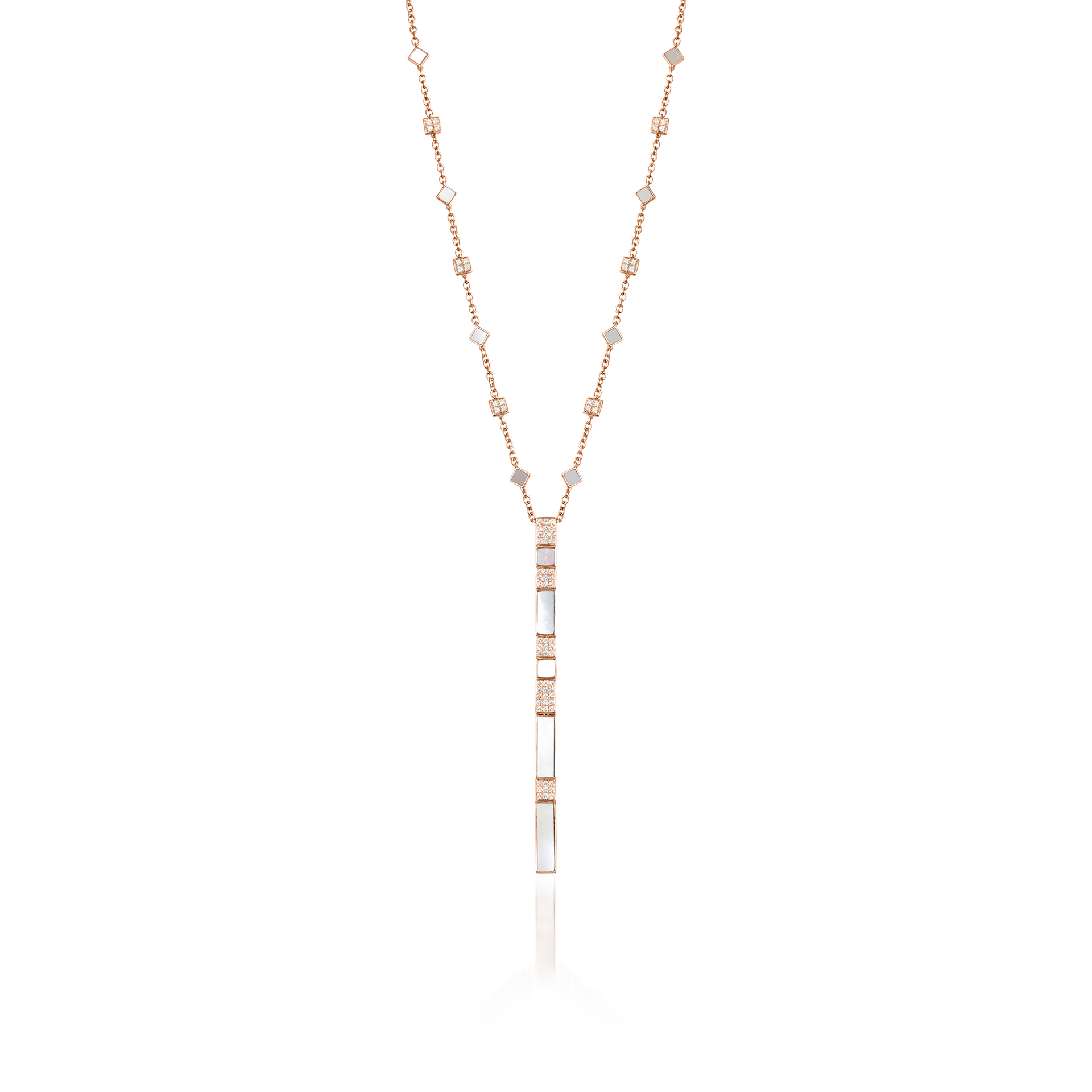 Nova White Mother of Pearl and Diamond Cascade Long Chain Pendant In 18K Rose Gold