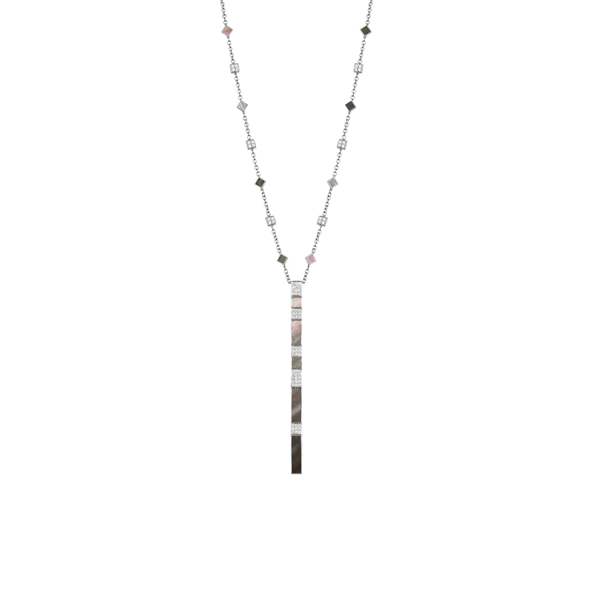 Nova Grey Mother of Pearl and Diamond Cascade Long Chain Pendant In 18K White Gold