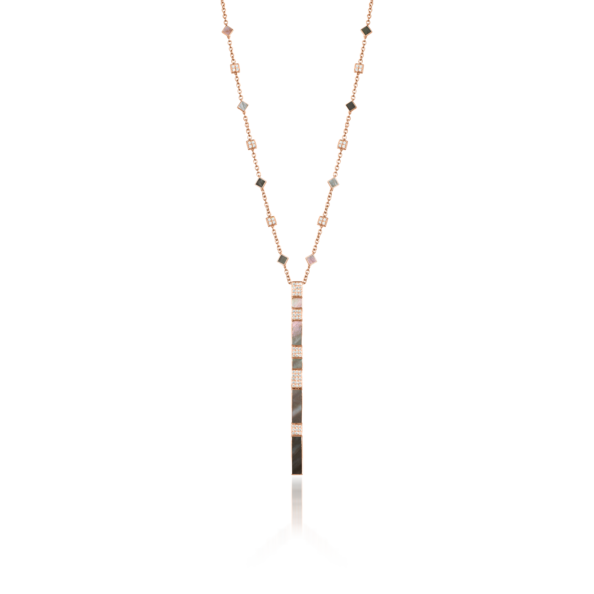 Nova Grey Mother of Pearl and Diamond Cascade Long Chain Pendant In 18K Rose Gold