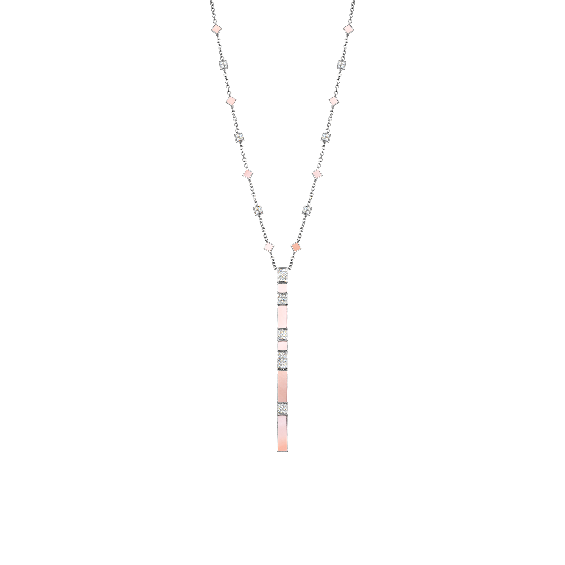 Nova Pink Mother of Pearl and Diamond Cascade Long Chain Pendant In 18K White Gold