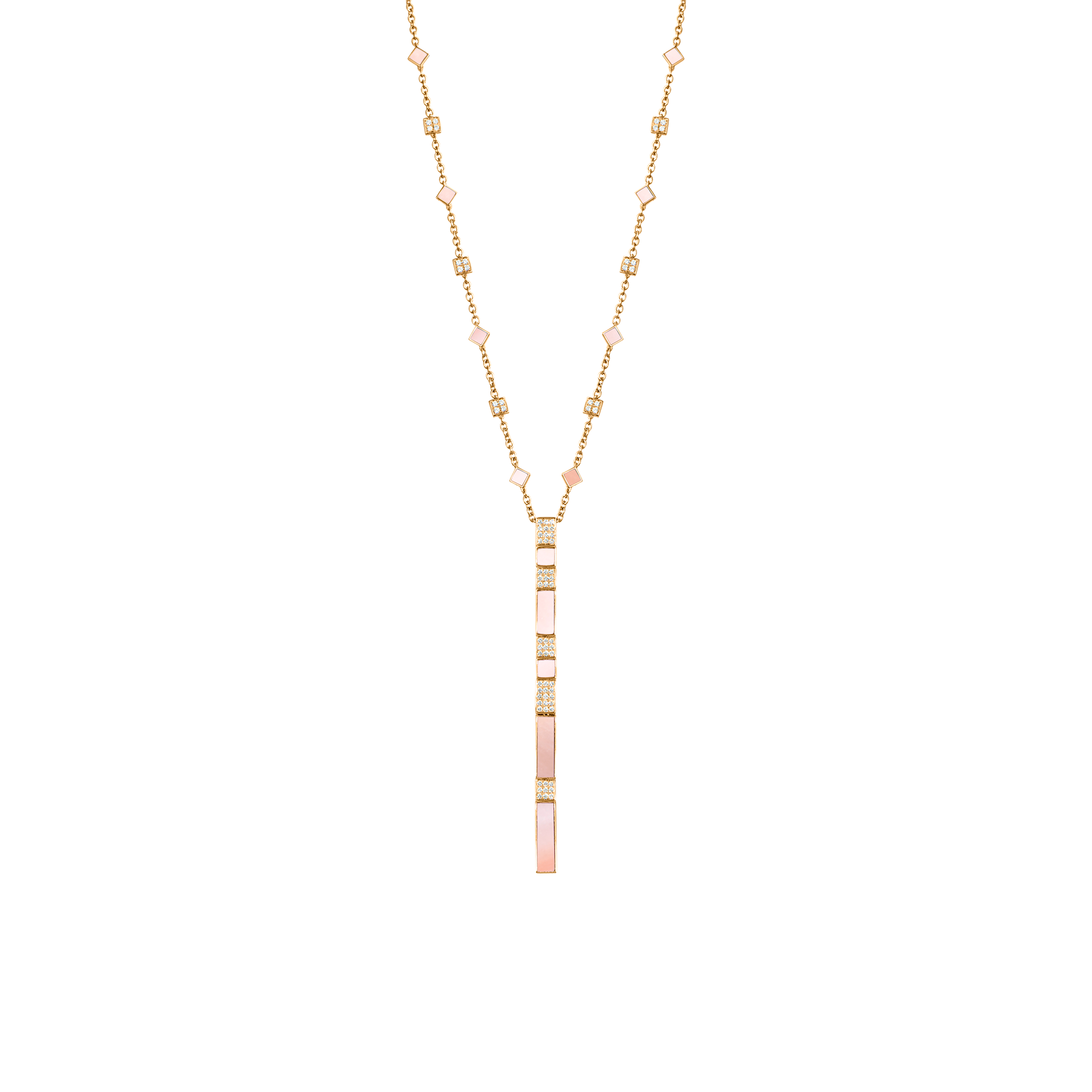 Nova Pink Mother of Pearl and Diamond Cascade Long Chain Pendant In 18K Yellow Gold