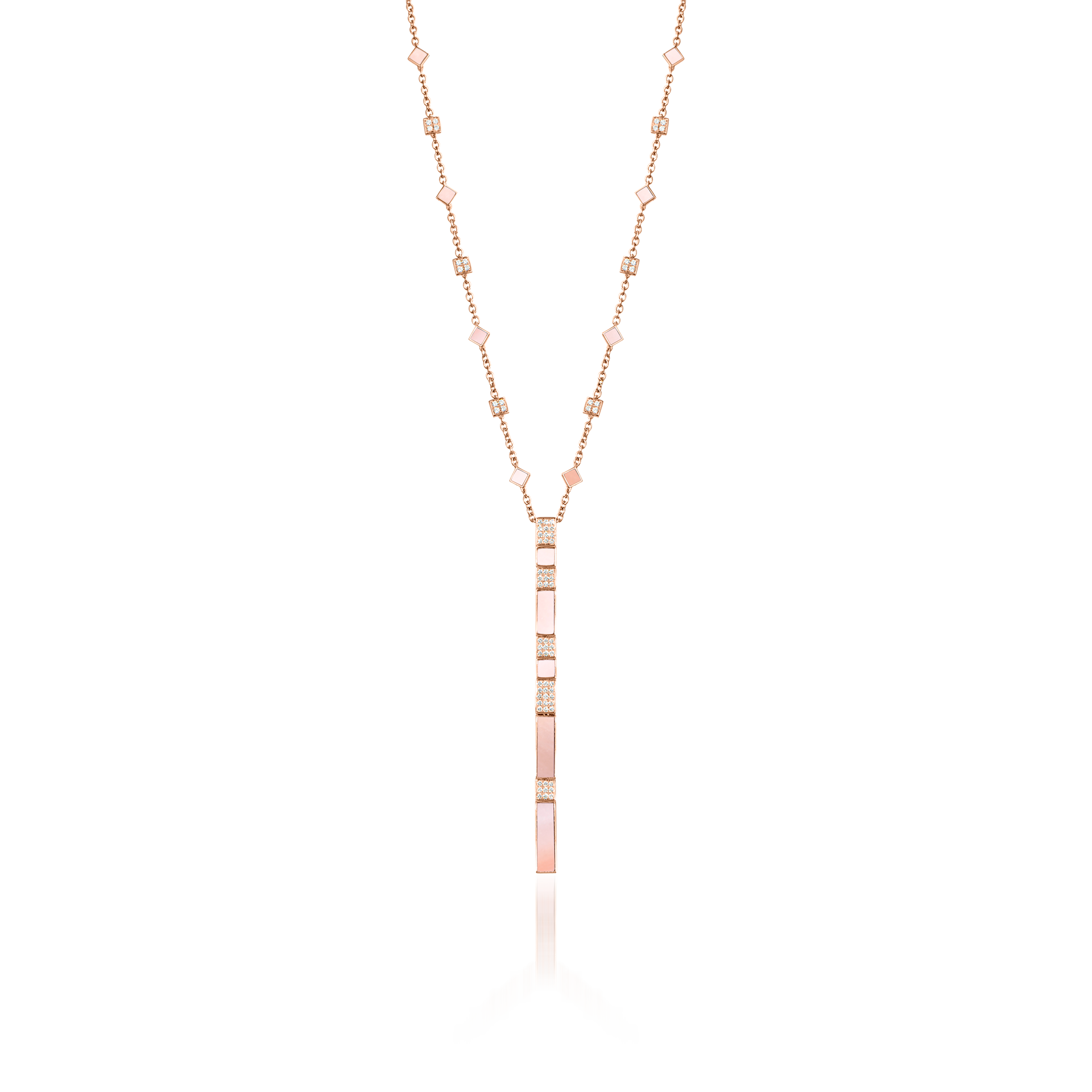 Nova Pink Mother of Pearl and Diamond Cascade Long Chain Pendant In 18K Rose Gold