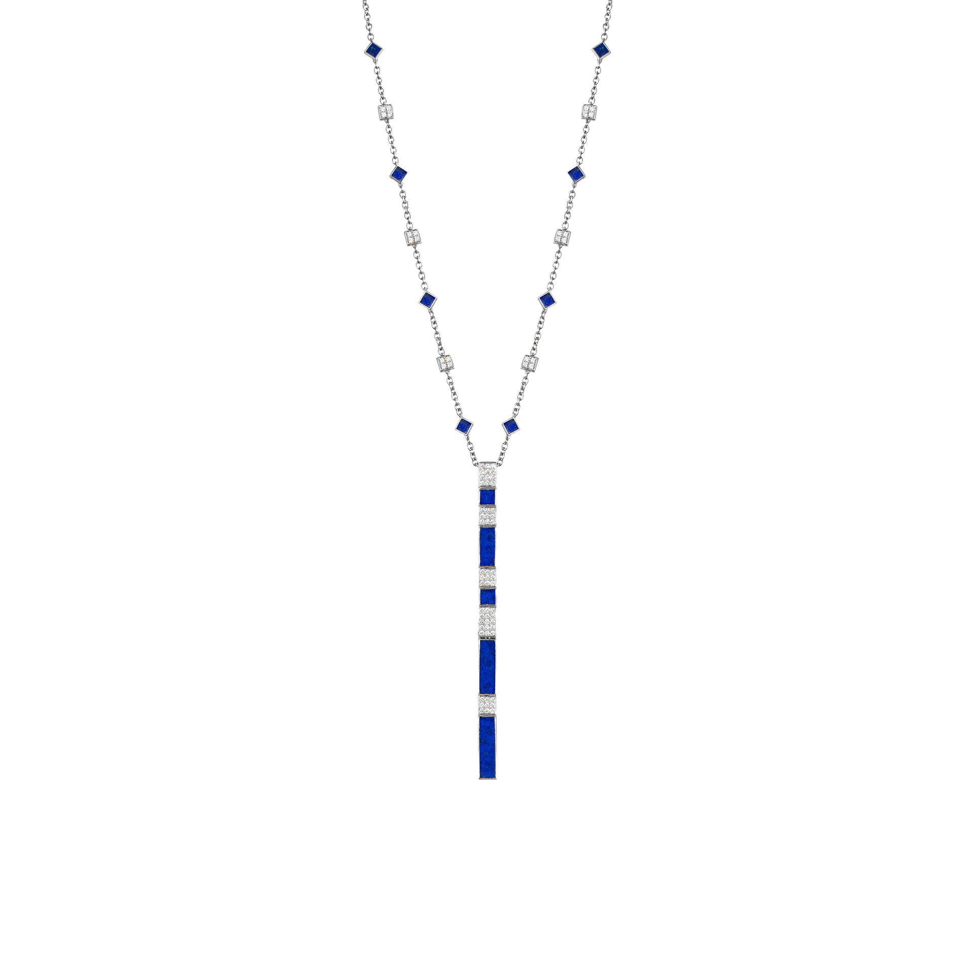 Nova Lapis Lazuli and Diamond Cascade Long Chain Pendant In 18K White Gold