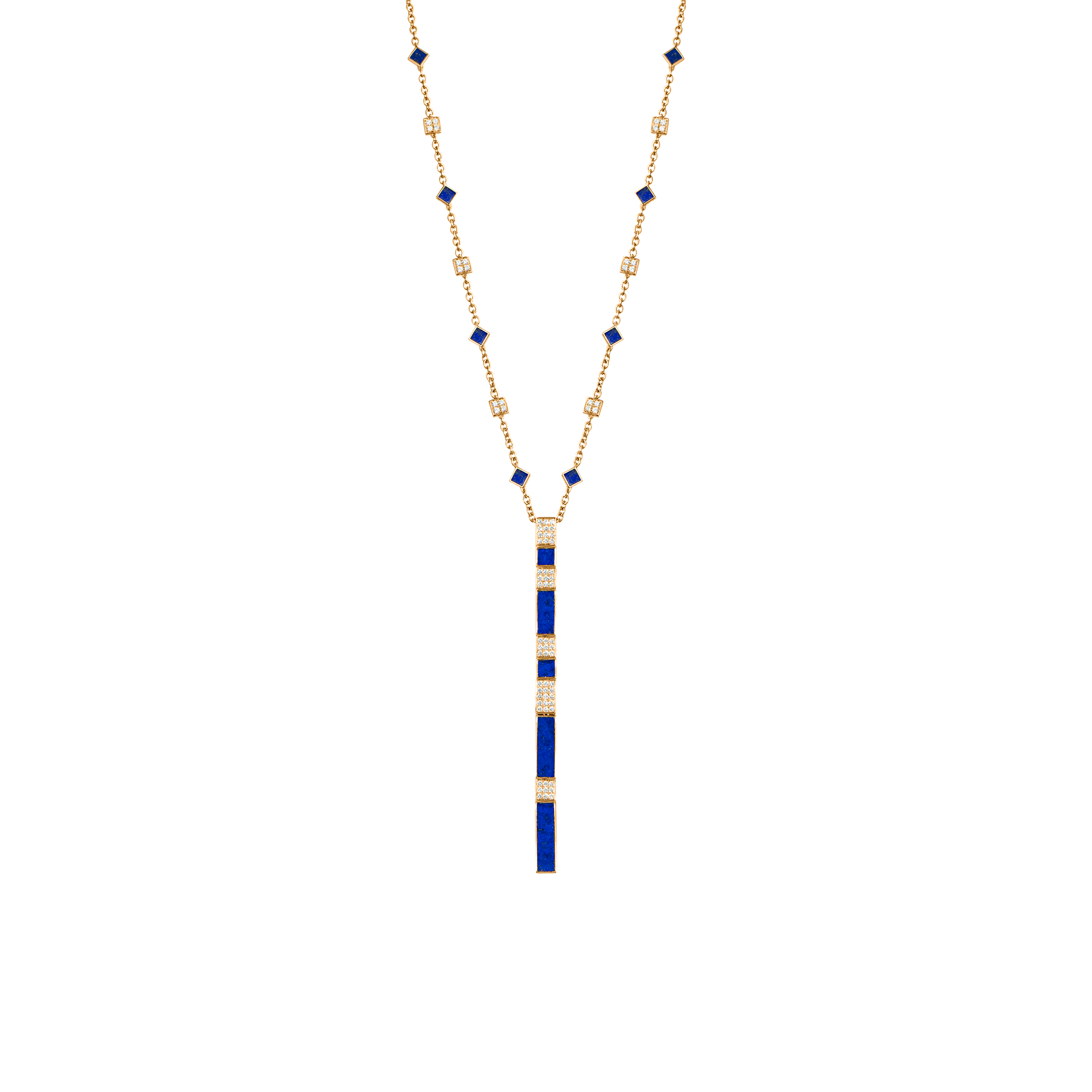 Nova Lapis Lazuli and Diamond Cascade Long Chain Pendant In 18K Yellow Gold