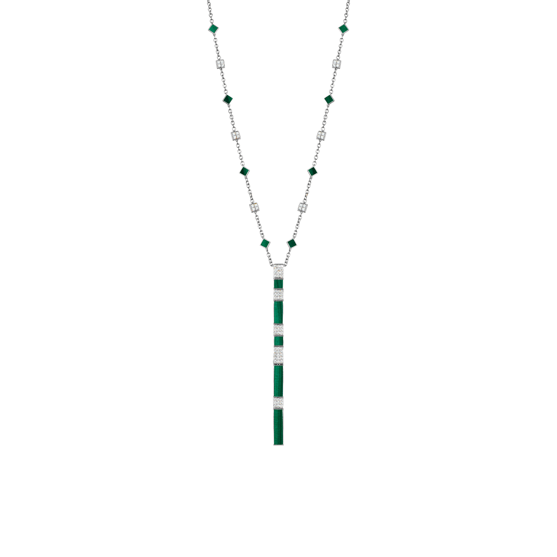 Nova Malachite and Diamond Cascade Long Chain Pendant In 18K White Gold