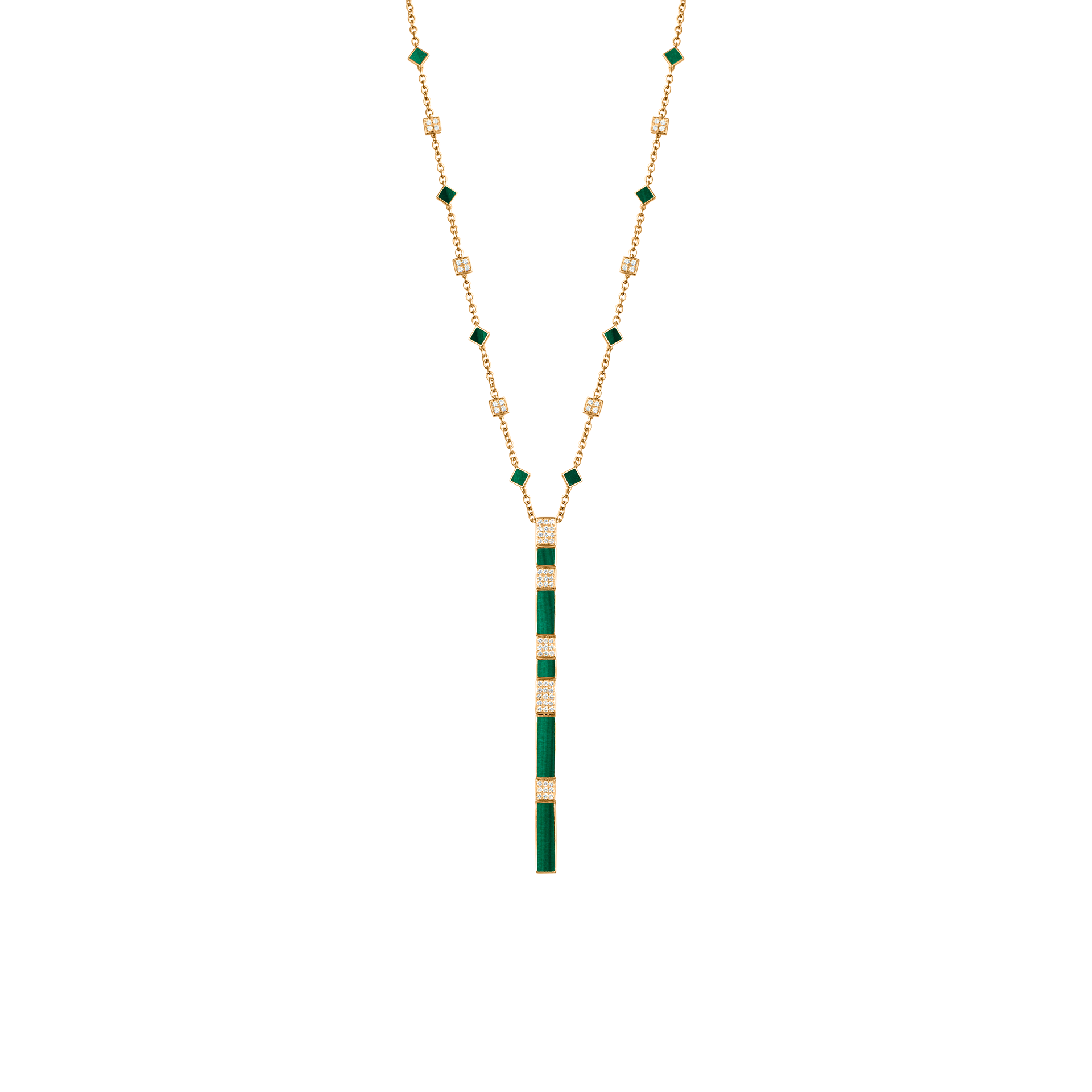 Nova Malachite and Diamond Cascade Long Chain Pendant In 18K Yellow Gold