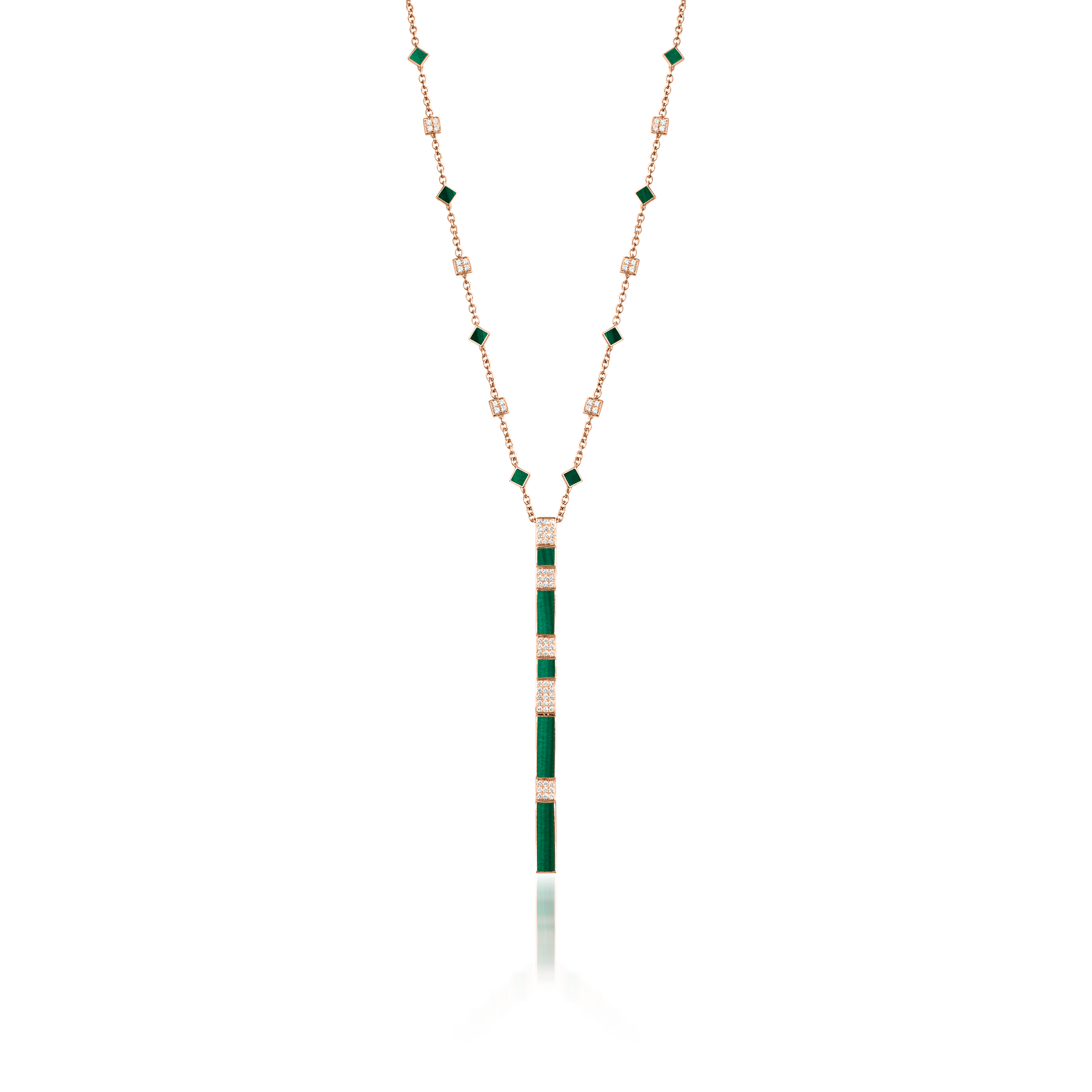 Nova Malachite and Diamond Cascade Long Chain Pendant In 18K Rose Gold