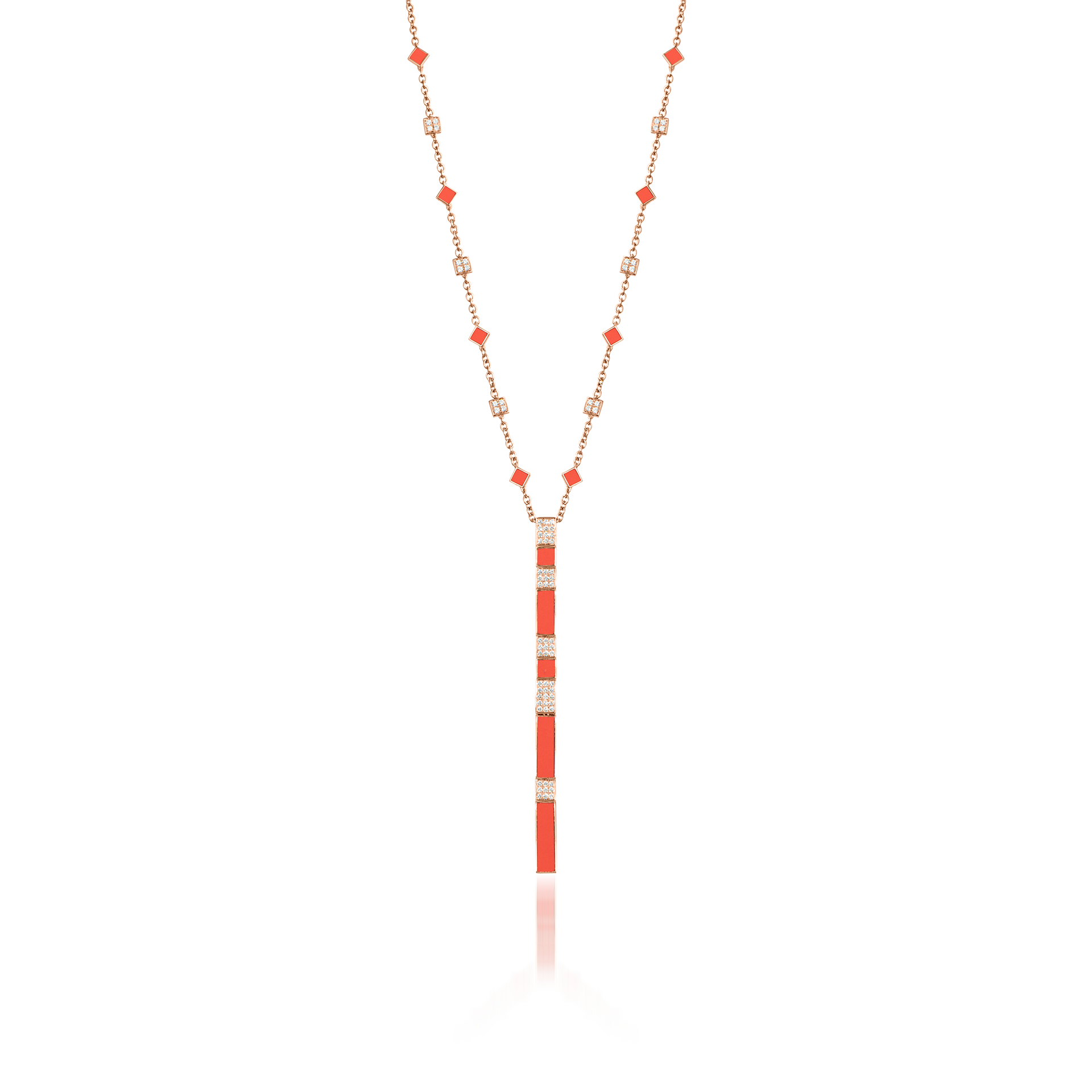 Nova Orange Coral and Diamond Cascade Long Chain Pendant In 18K Rose Gold