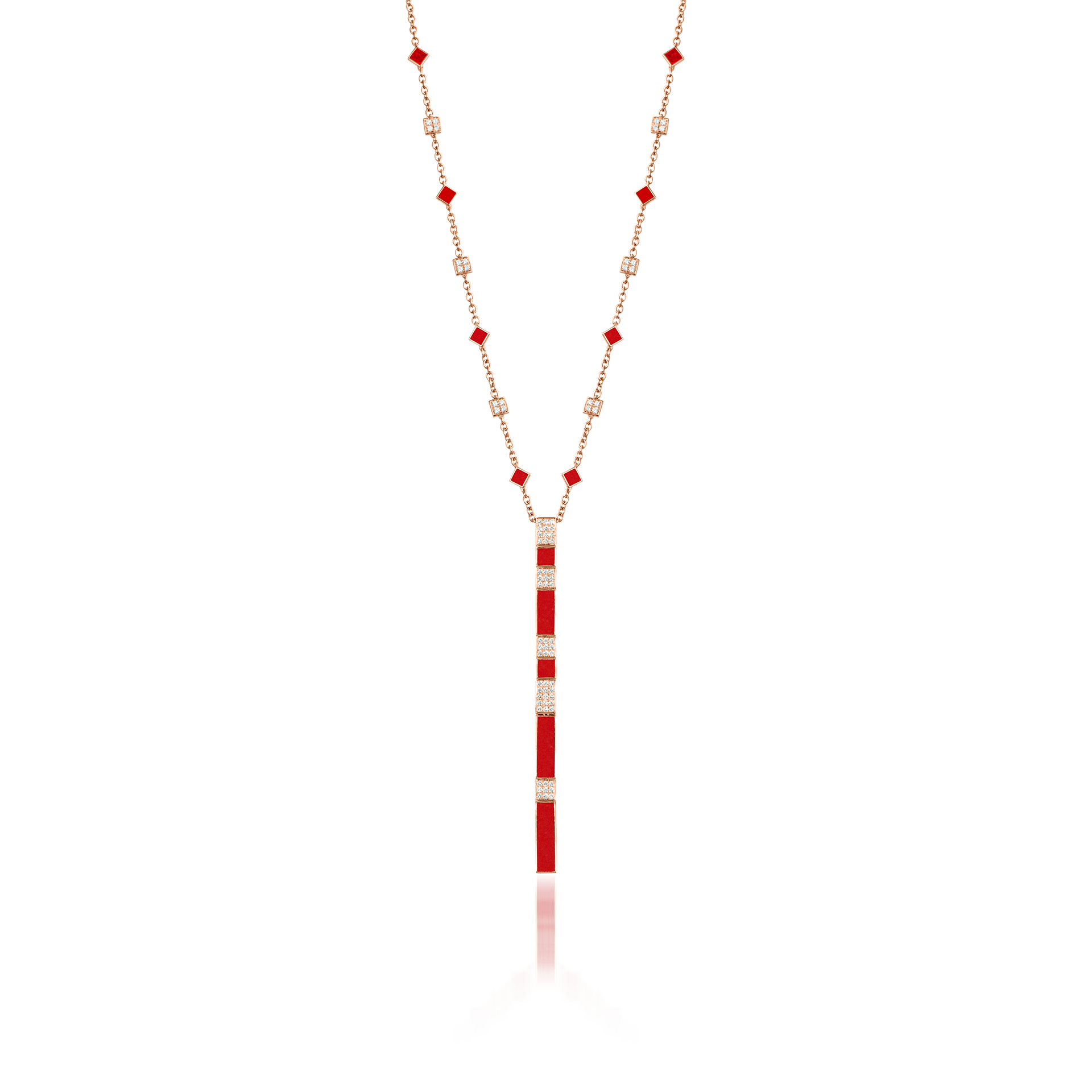 Nova Red Coral and Diamond Cascade Long Chain Pendant In 18K Rose Gold