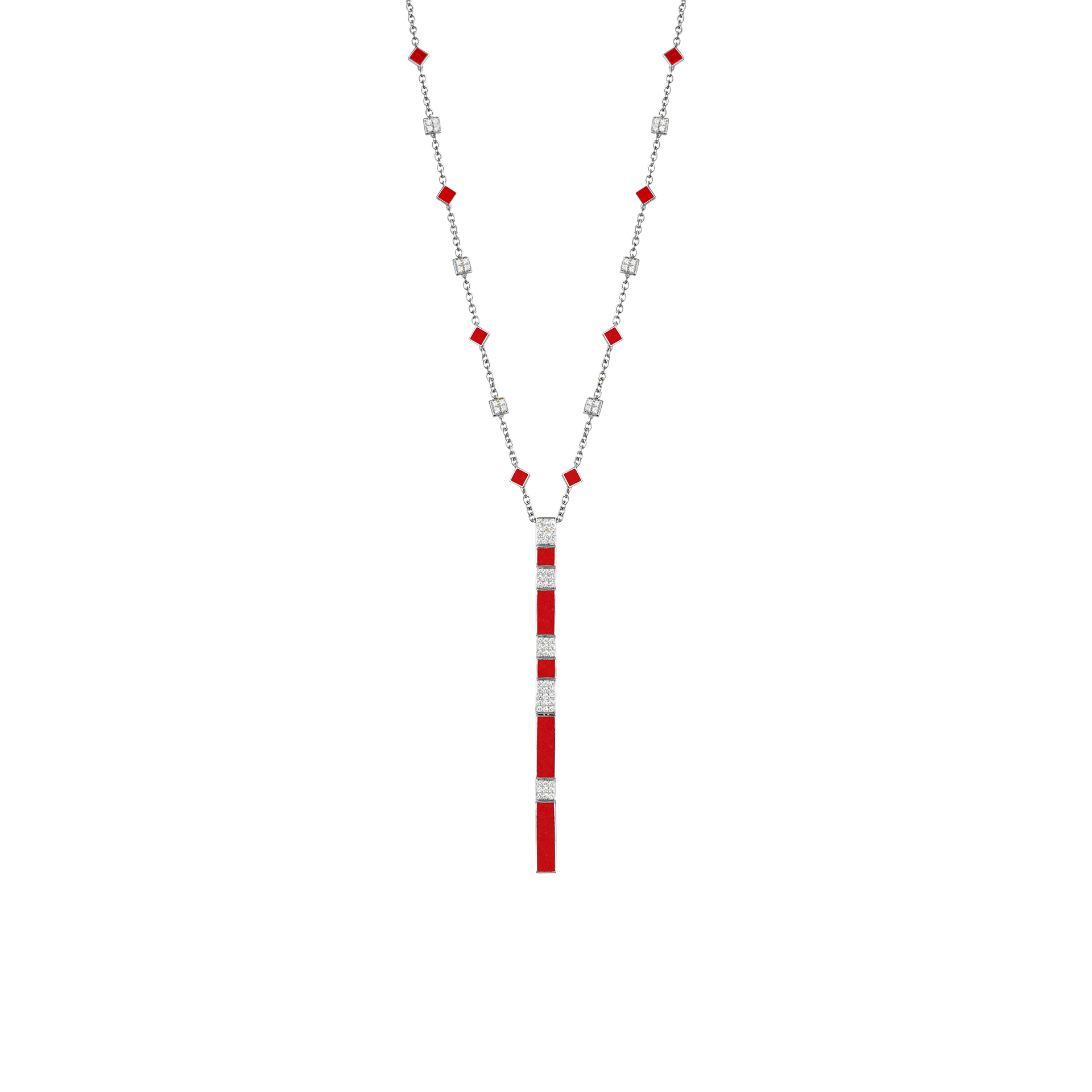 Nova Red Coral and Diamond Cascade Long Chain Pendant In 18K White Gold