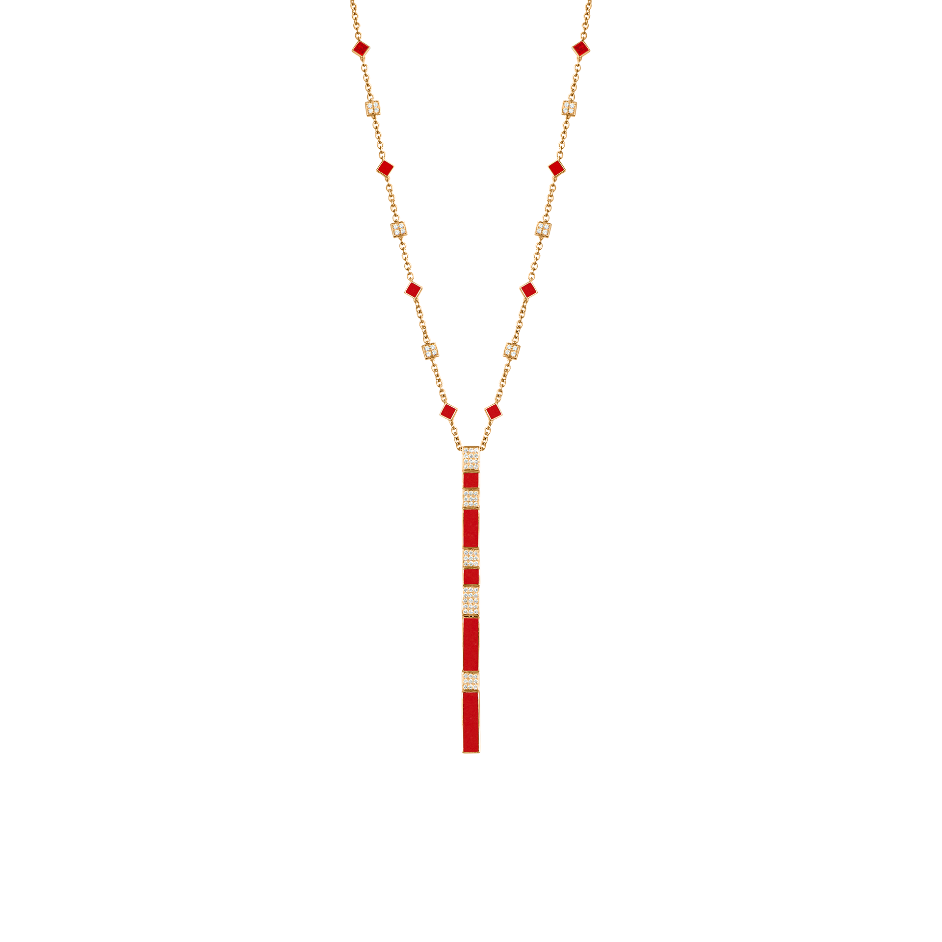 Nova Red Coral and Diamond Cascade Long Chain Pendant In 18K Yellow Gold